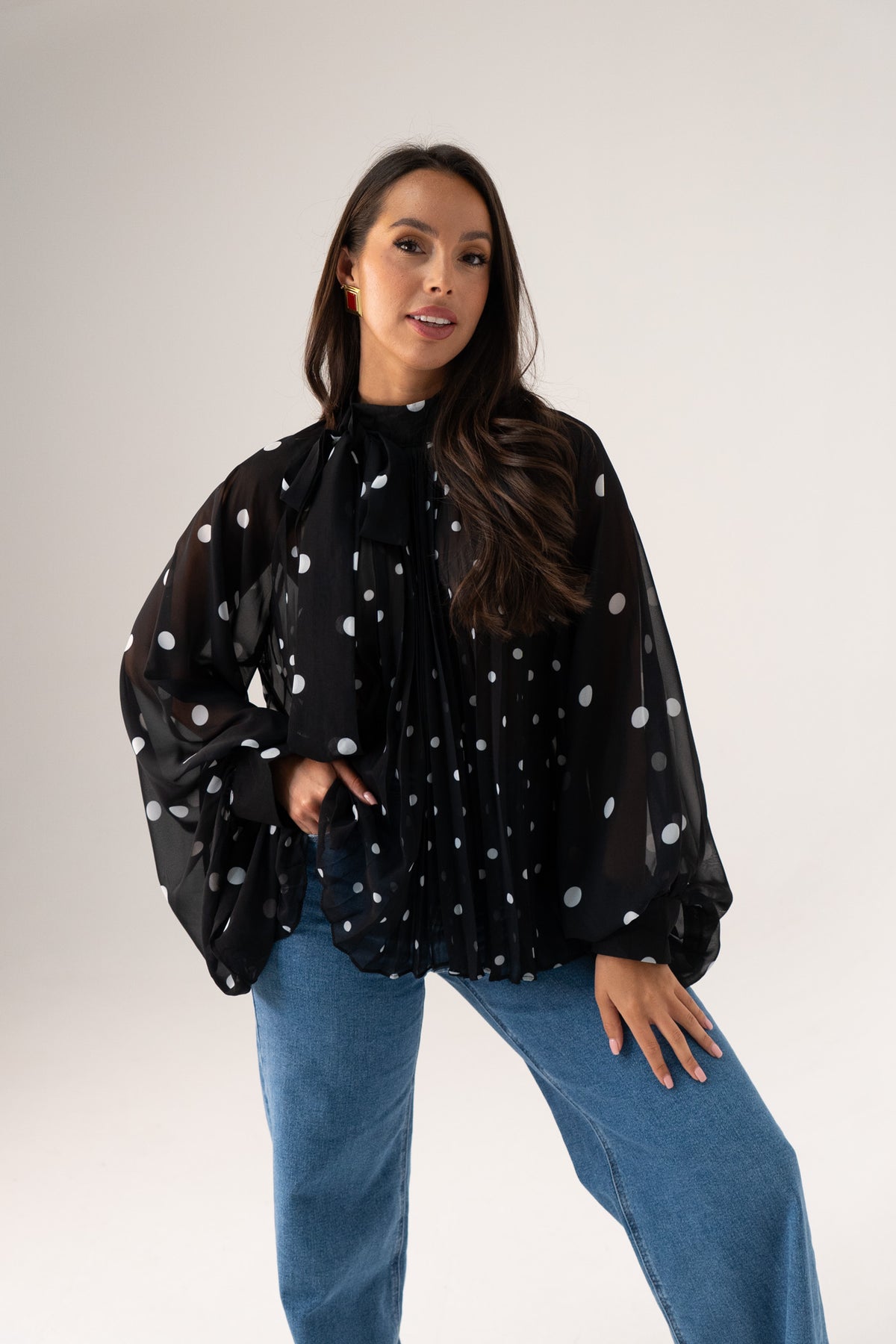 Millie Polka Dot Drape Top In Black
