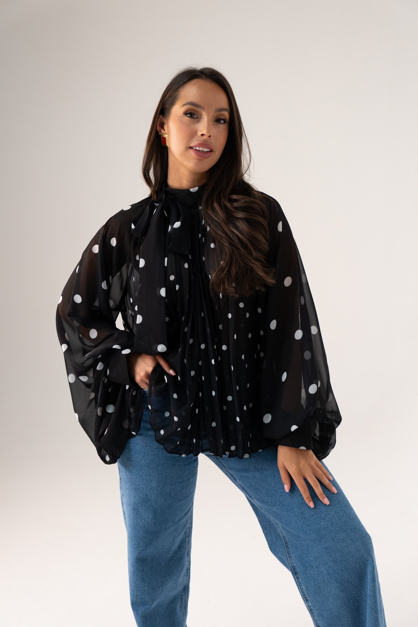 Millie Polka Dot Drape Top In Black