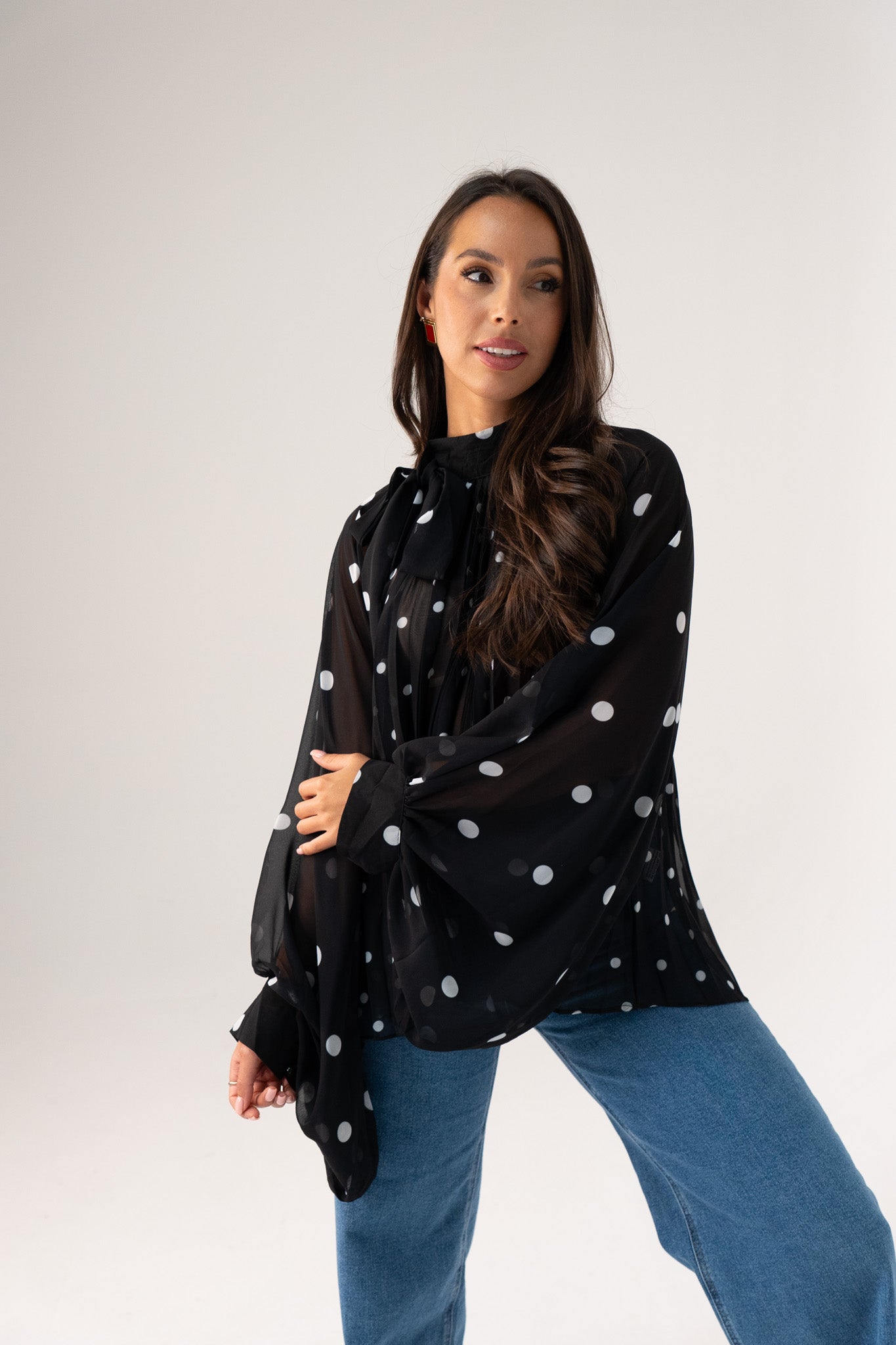 Millie Polka Dot Drape Top In Black