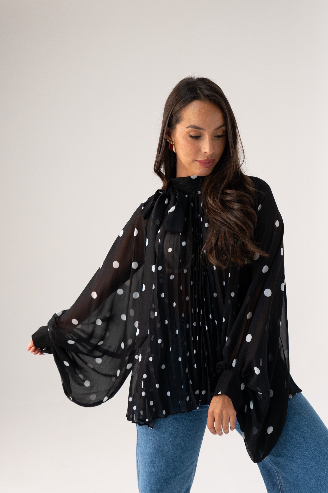 Millie Polka Dot Drape Top In Black