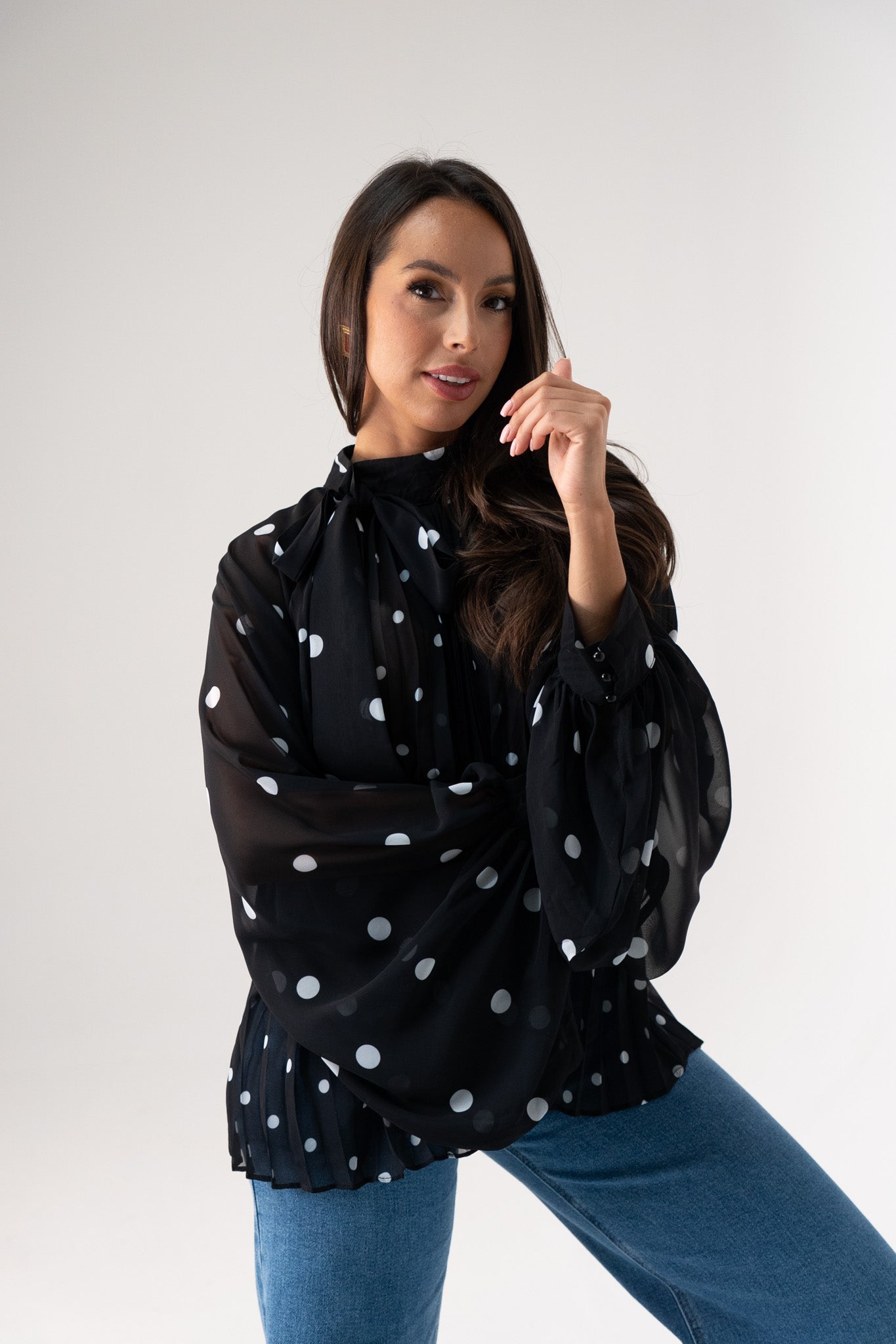 Millie Polka Dot Drape Top In Black