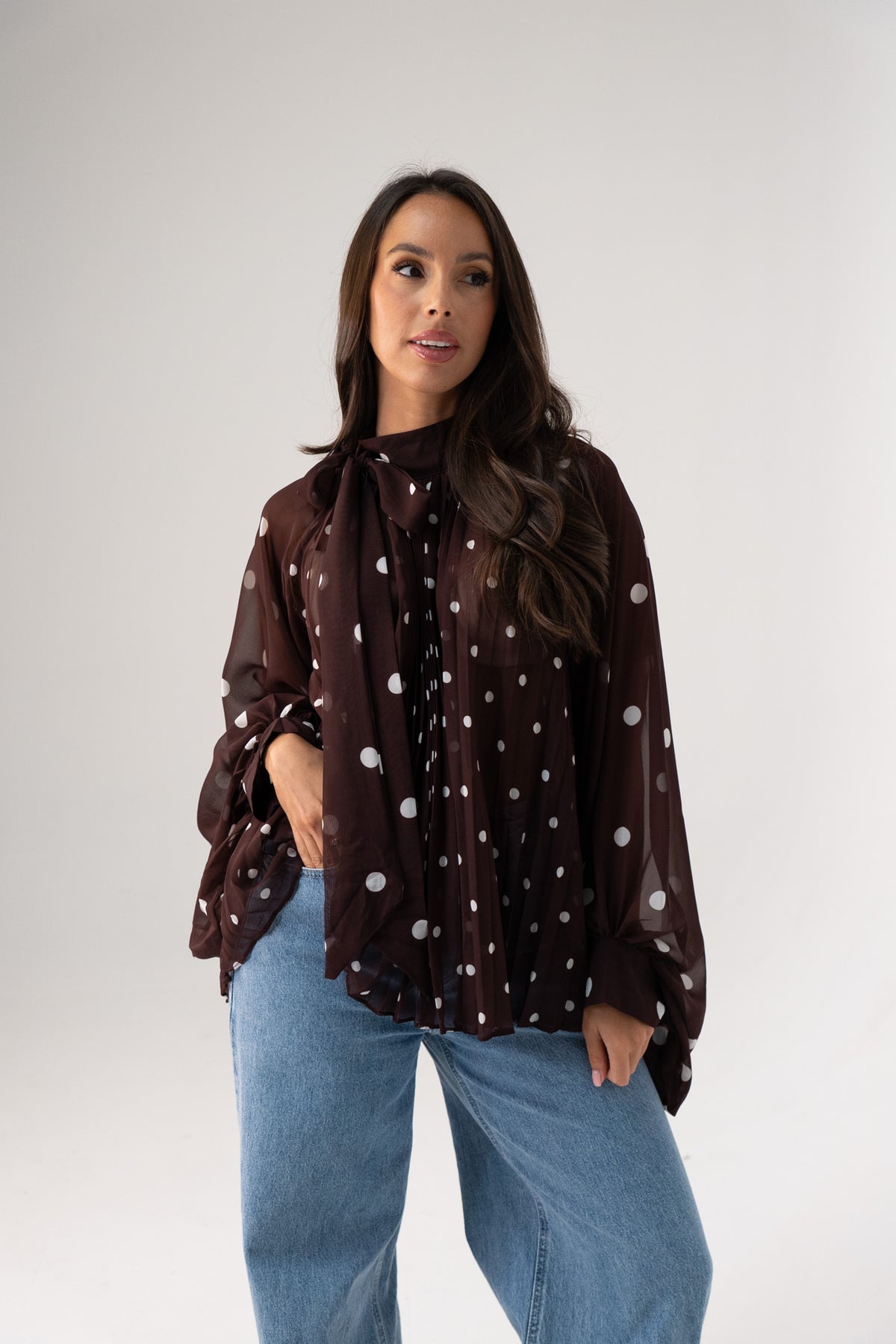 Millie Polka Dot Drape Top In Coffee