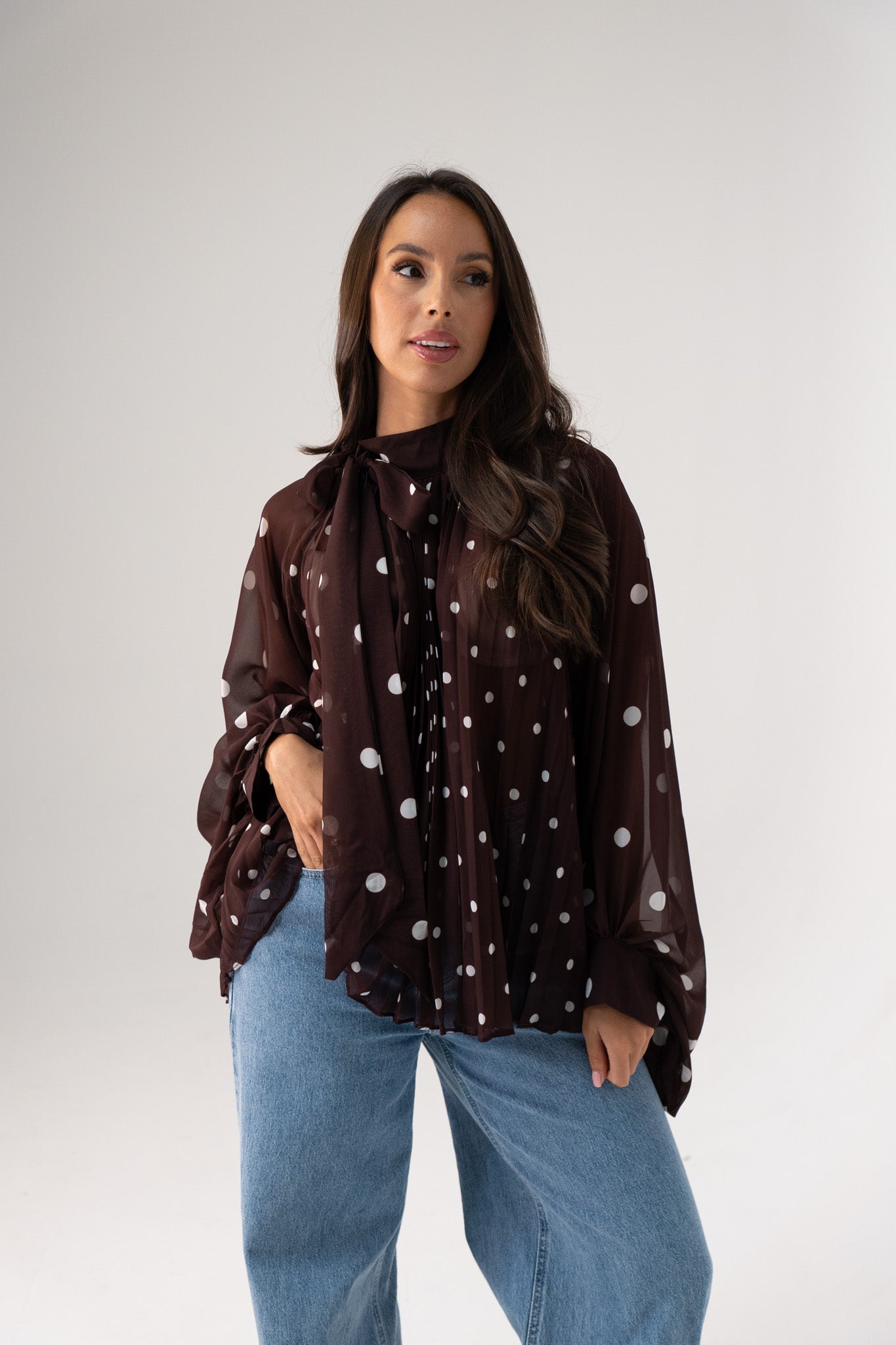 Millie Polka Dot Drape Top In Coffee