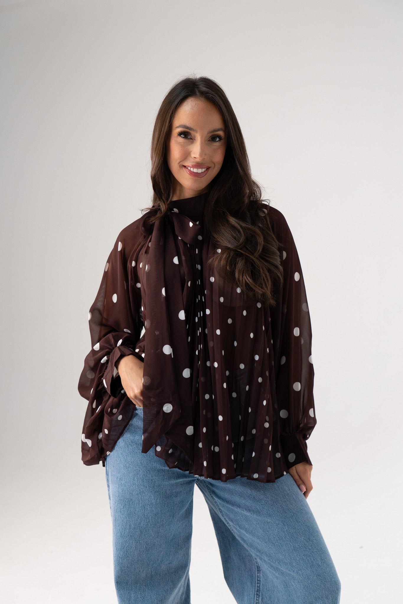 Millie Polka Dot Drape Top In Coffee