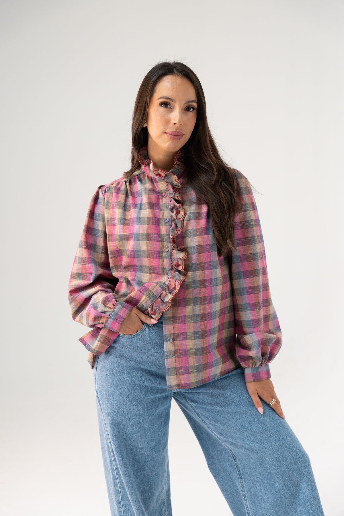Millie Ruffle Front Check Shirt In Pink Mix