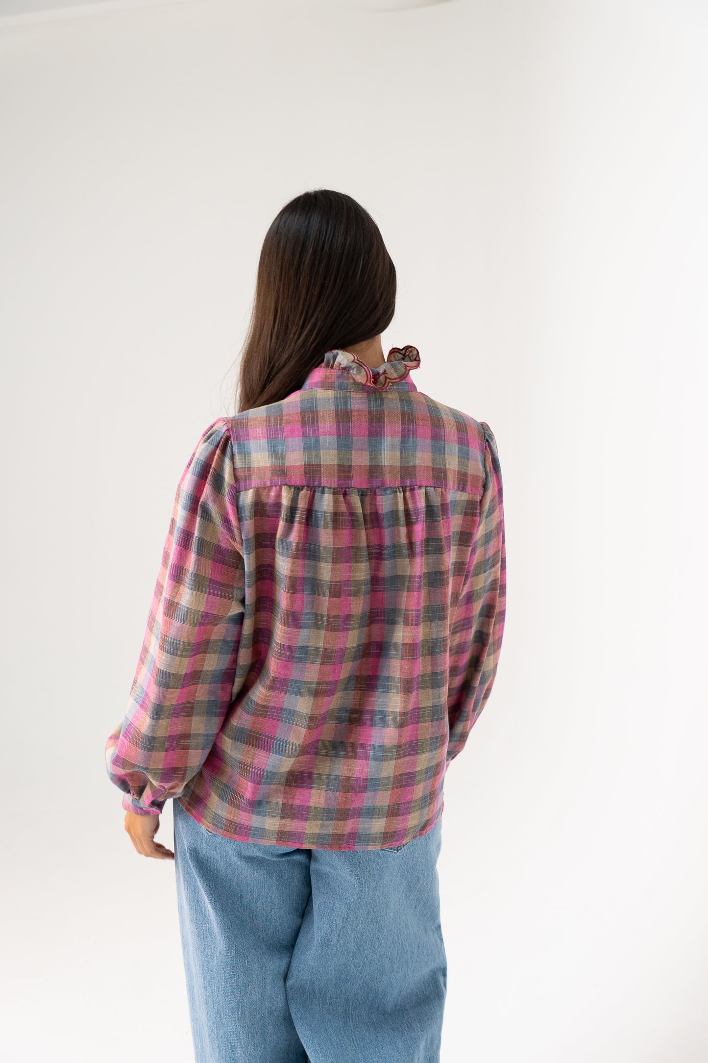 Millie Ruffle Front Check Shirt In Pink Mix