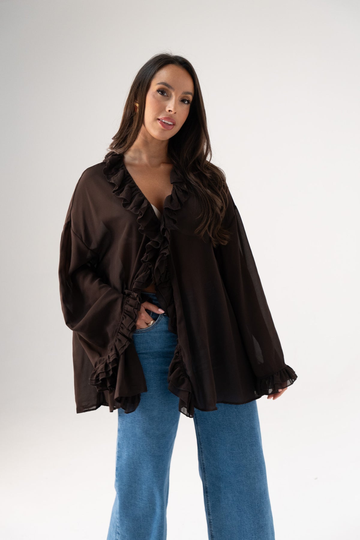 Millie Sheer Ruffle Blouse In Chocolate