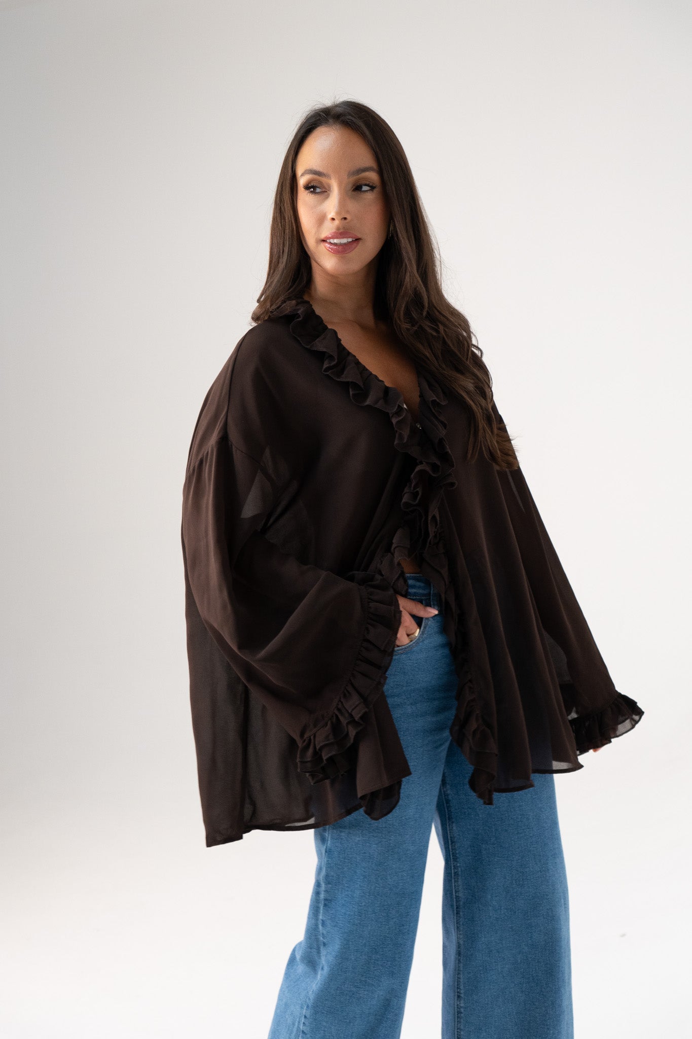 Millie Sheer Ruffle Blouse In Chocolate
