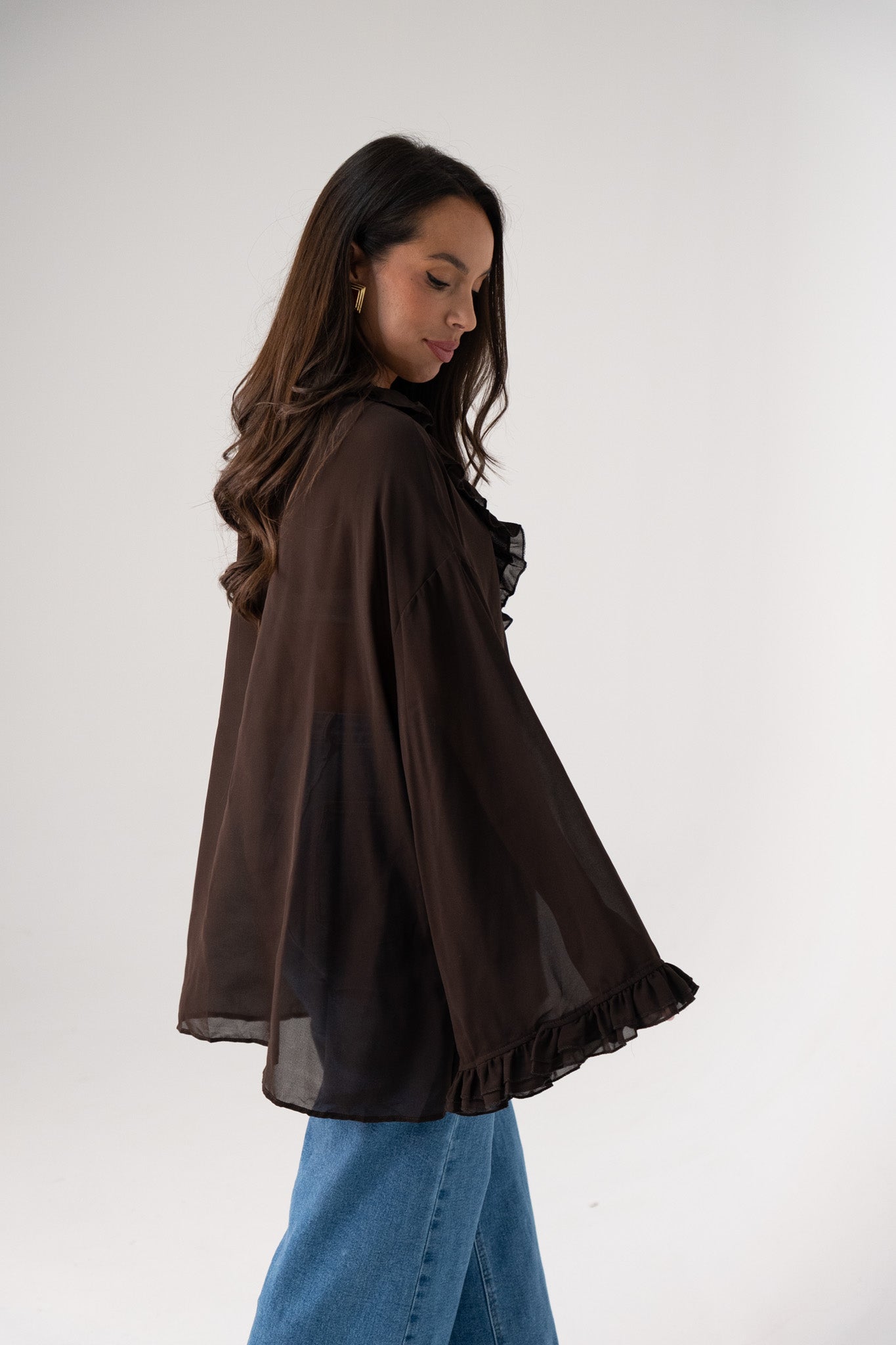 Millie Sheer Ruffle Blouse In Chocolate