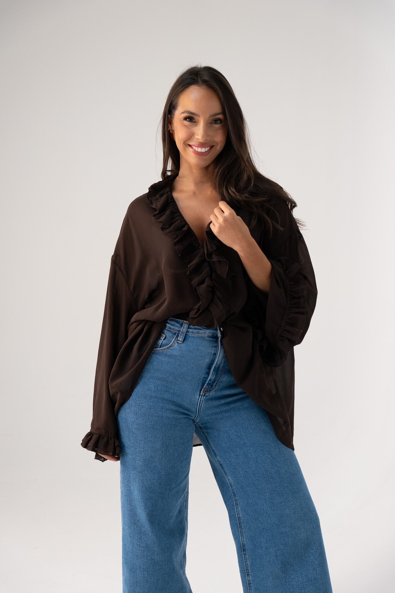 Millie Sheer Ruffle Blouse In Chocolate