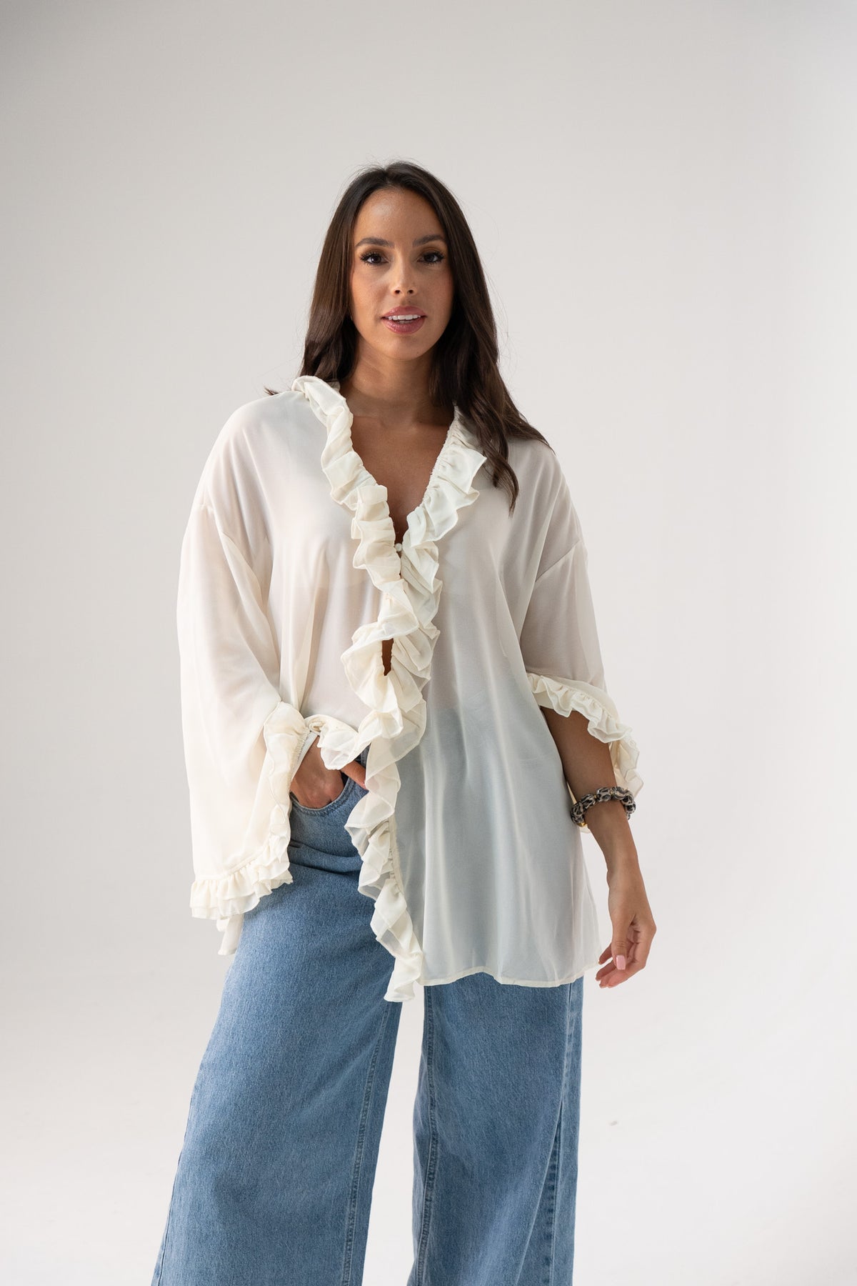 Millie Sheer Ruffle Blouse In Cream