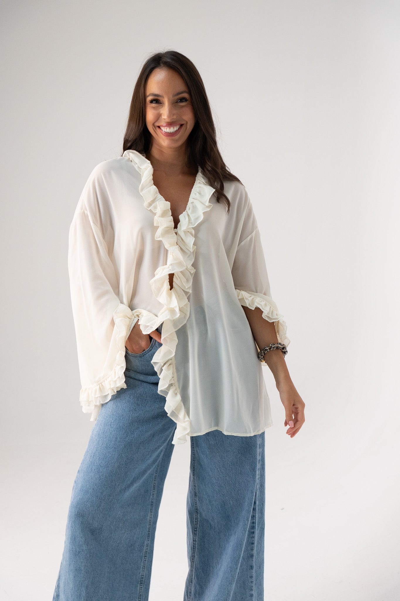 Millie Sheer Ruffle Blouse In Cream