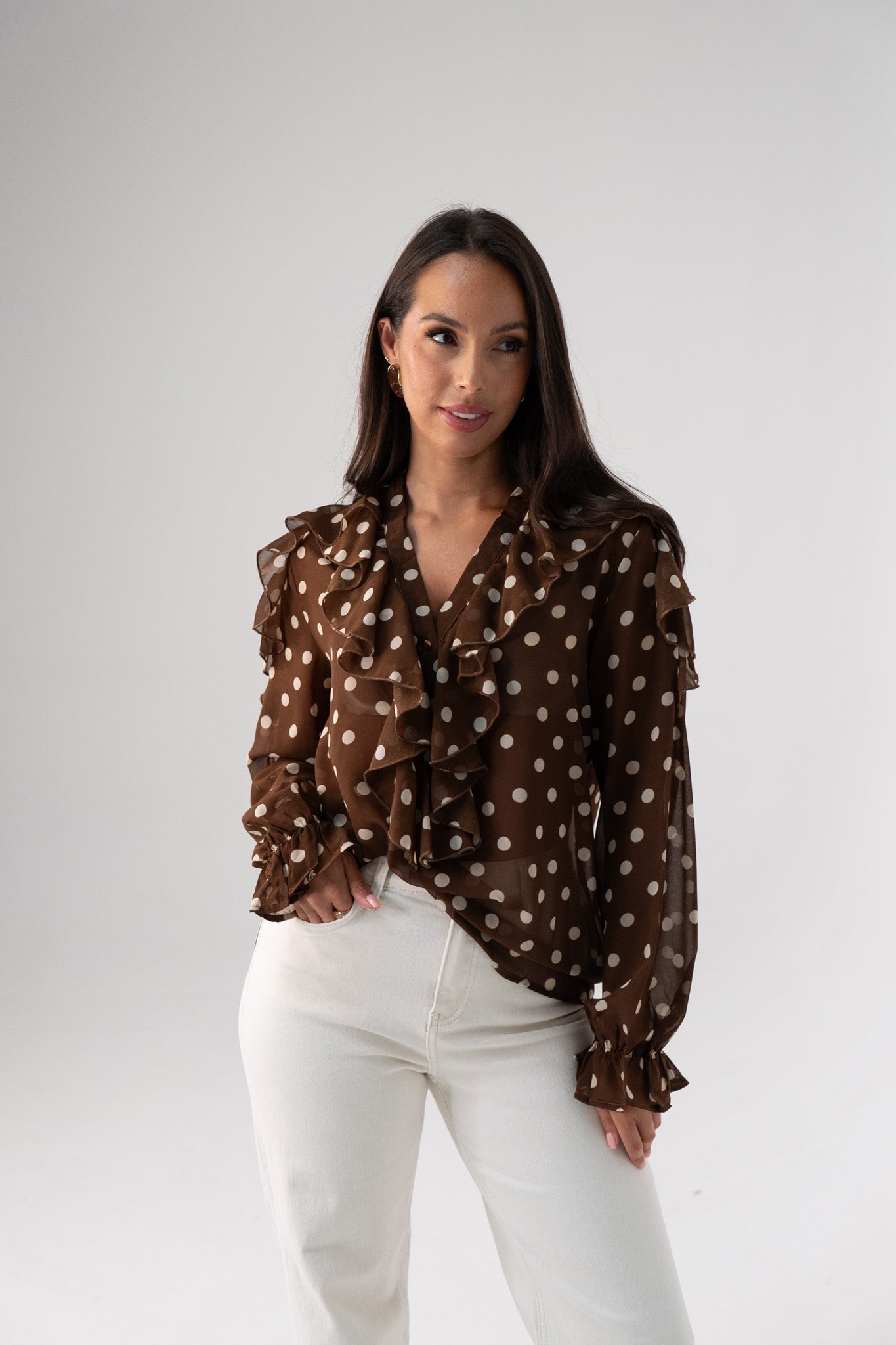 Millie Sheer Polka Dot Top In Coffee