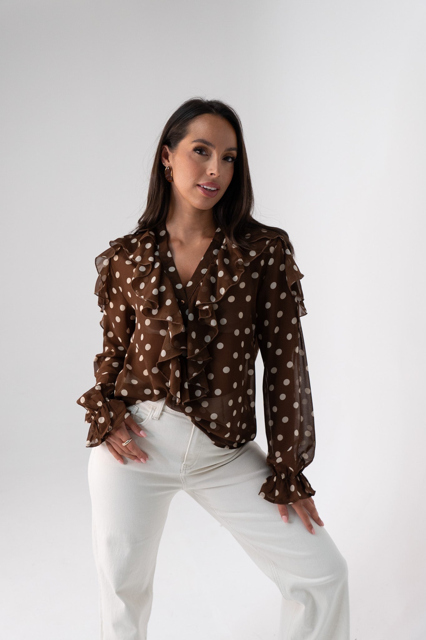 Millie Sheer Polka Dot Top In Coffee