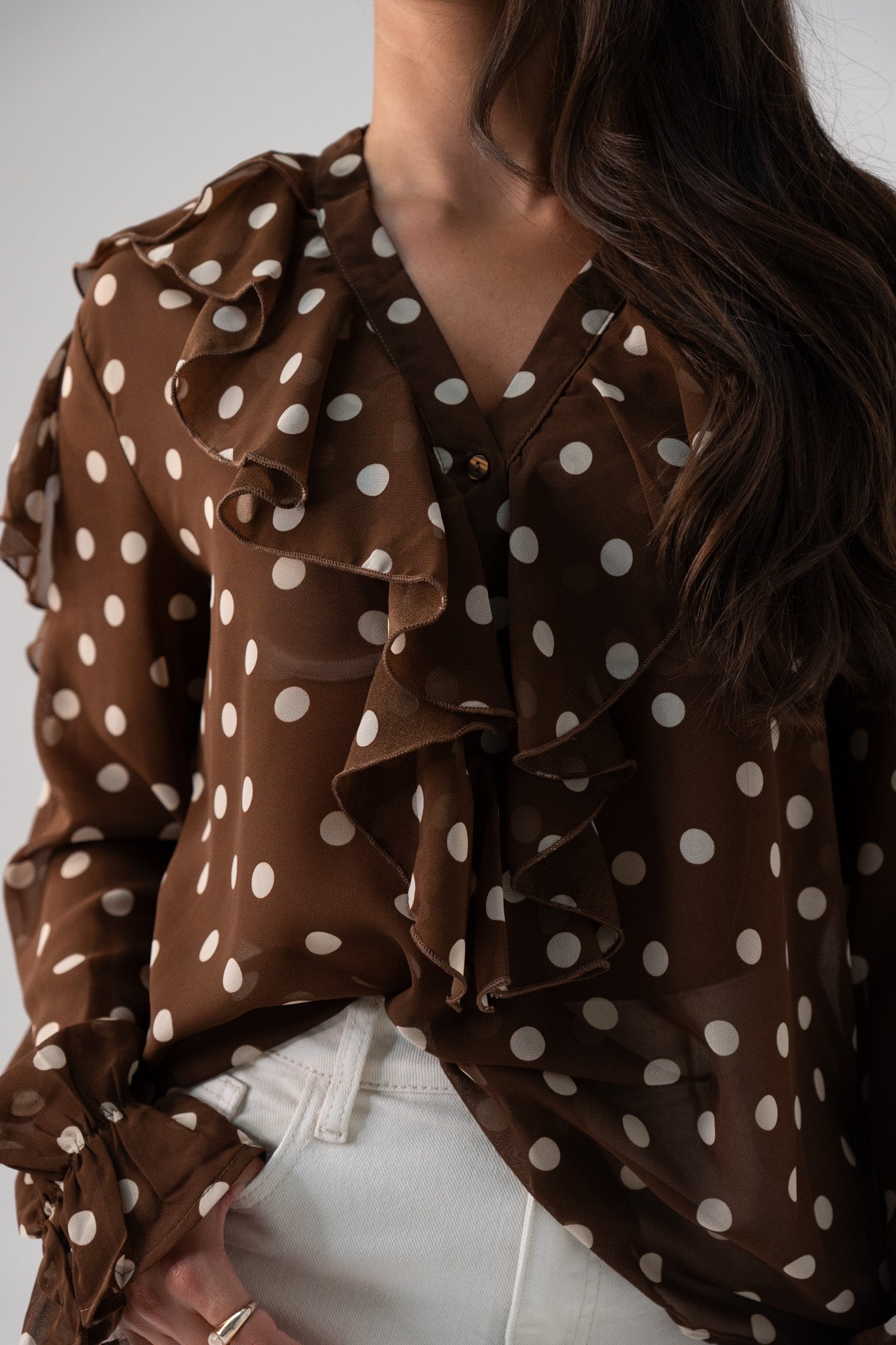 Millie Sheer Polka Dot Top In Coffee