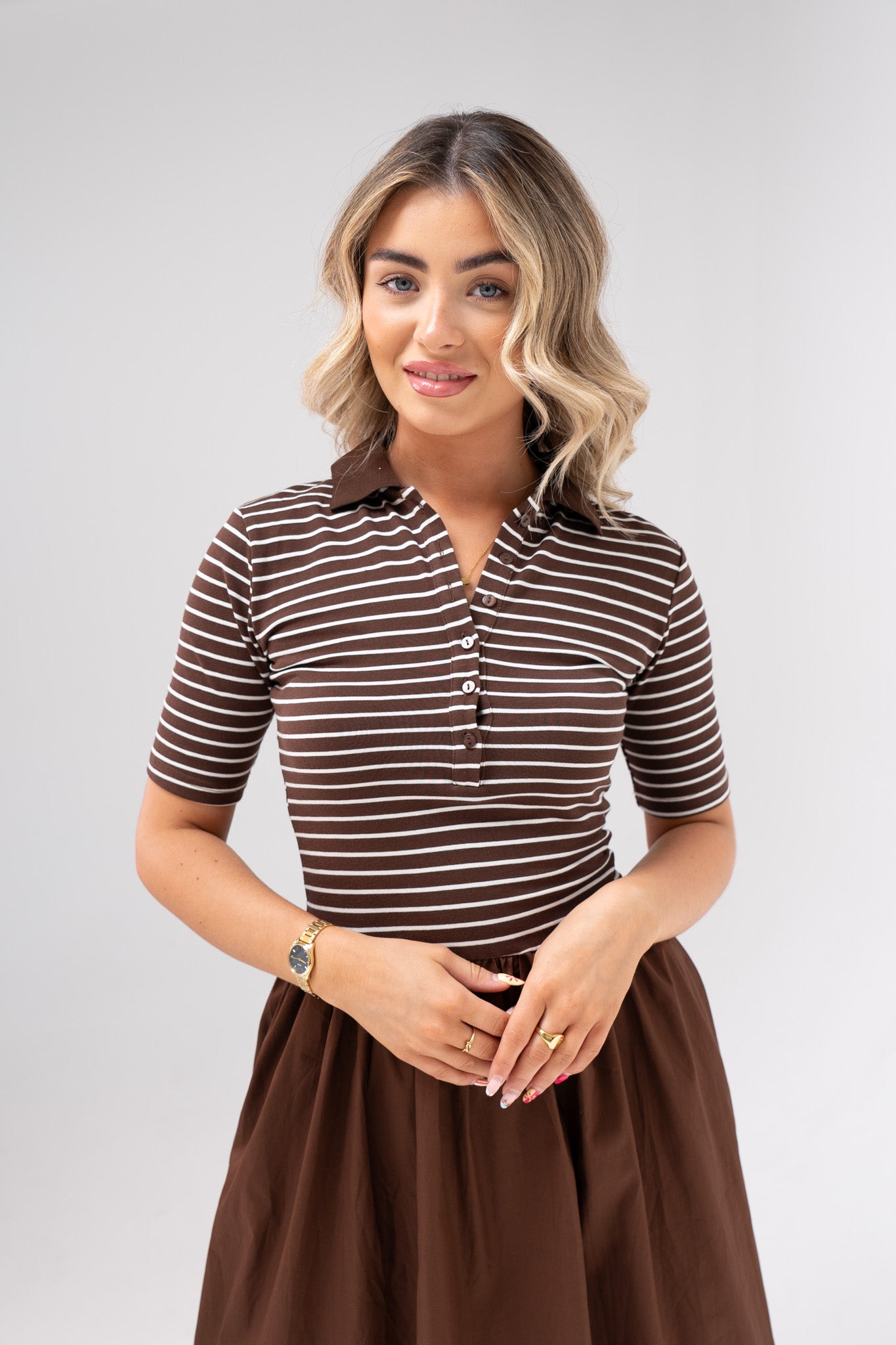 Millie Stripe Contrast Dress In Coffee