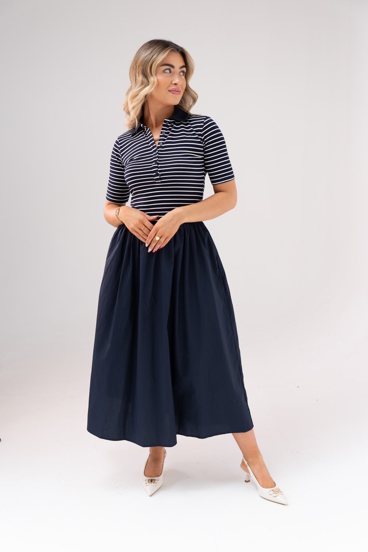 Millie Stripe Contrast Dress In Navy