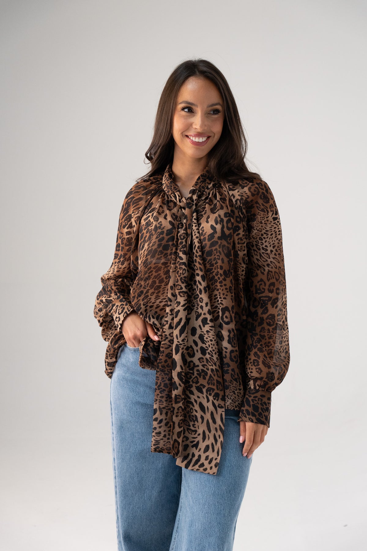 Millie Bow Neck Blouse In Leopard Print