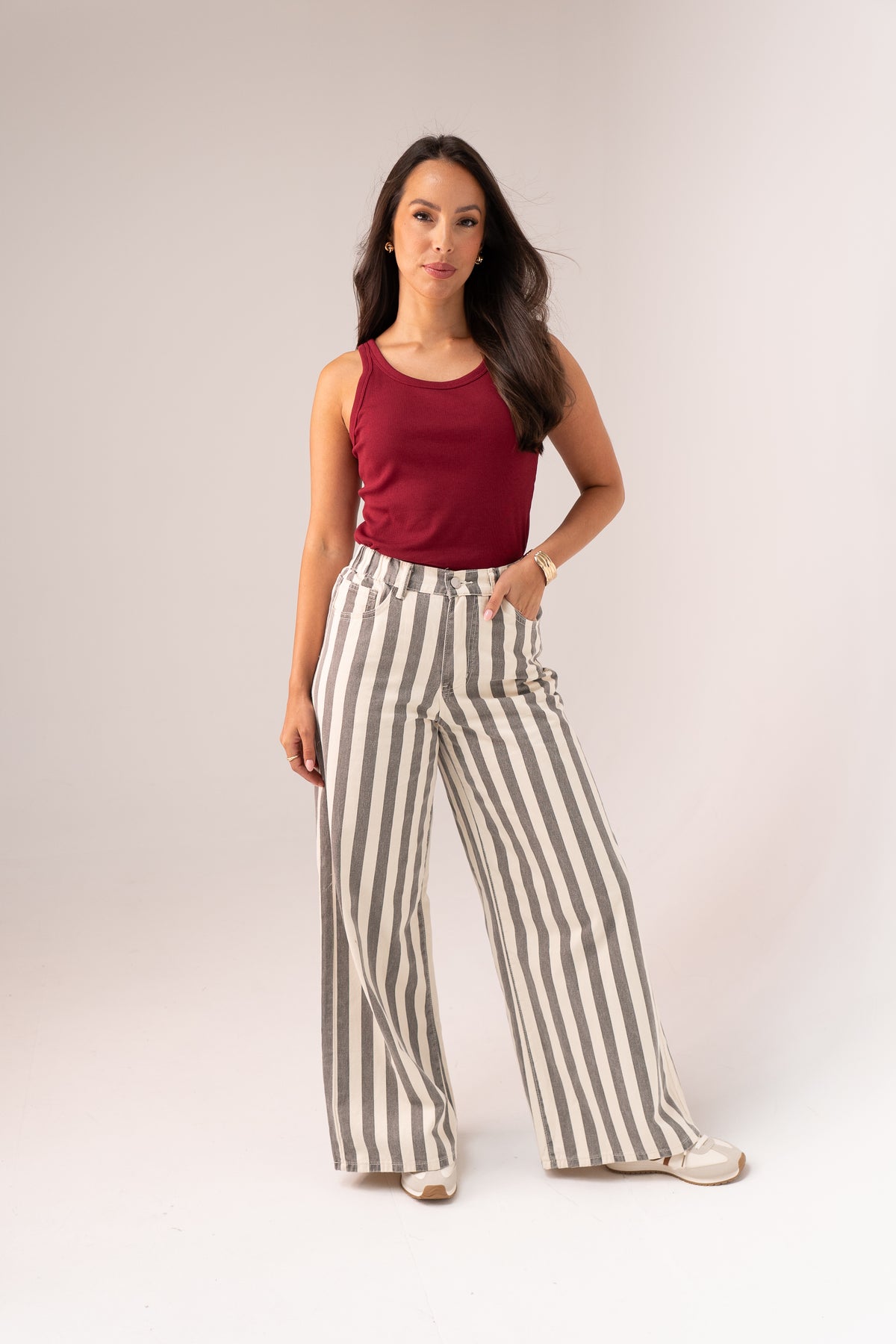 Millie Wide Leg Trousers In Grey Stripe