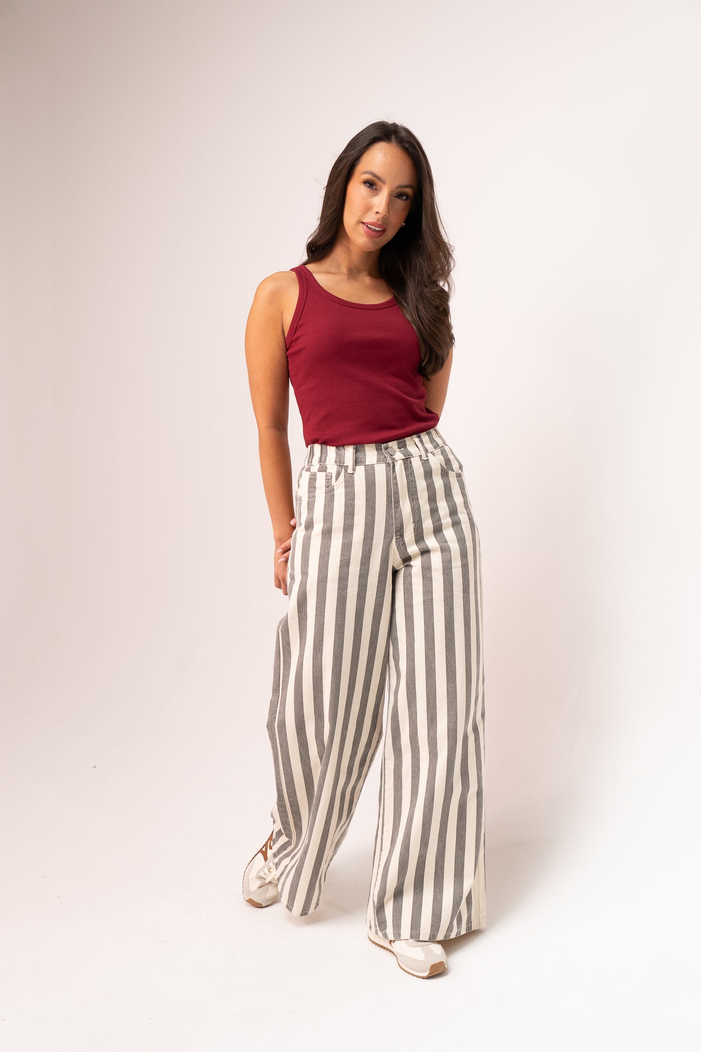 Millie Wide Leg Trousers In Grey Stripe