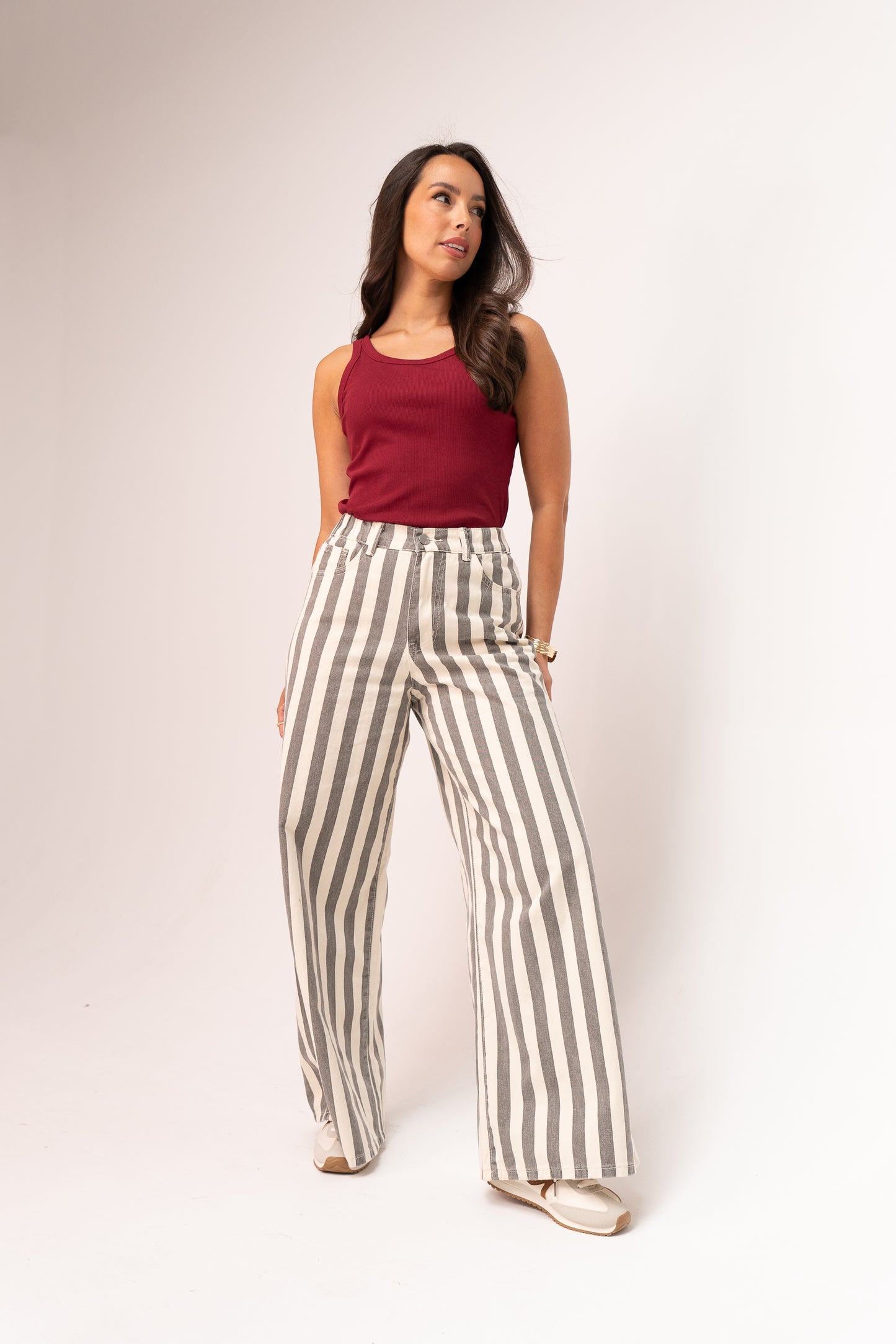 Millie Wide Leg Trousers In Grey Stripe