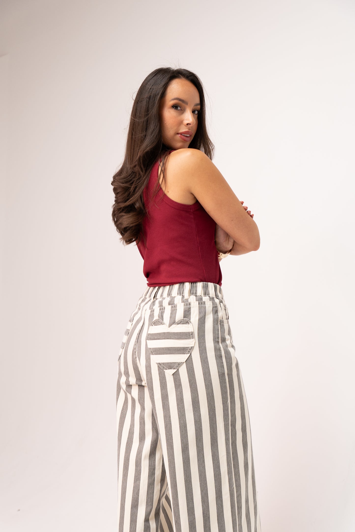 Millie Wide Leg Trousers In Grey Stripe