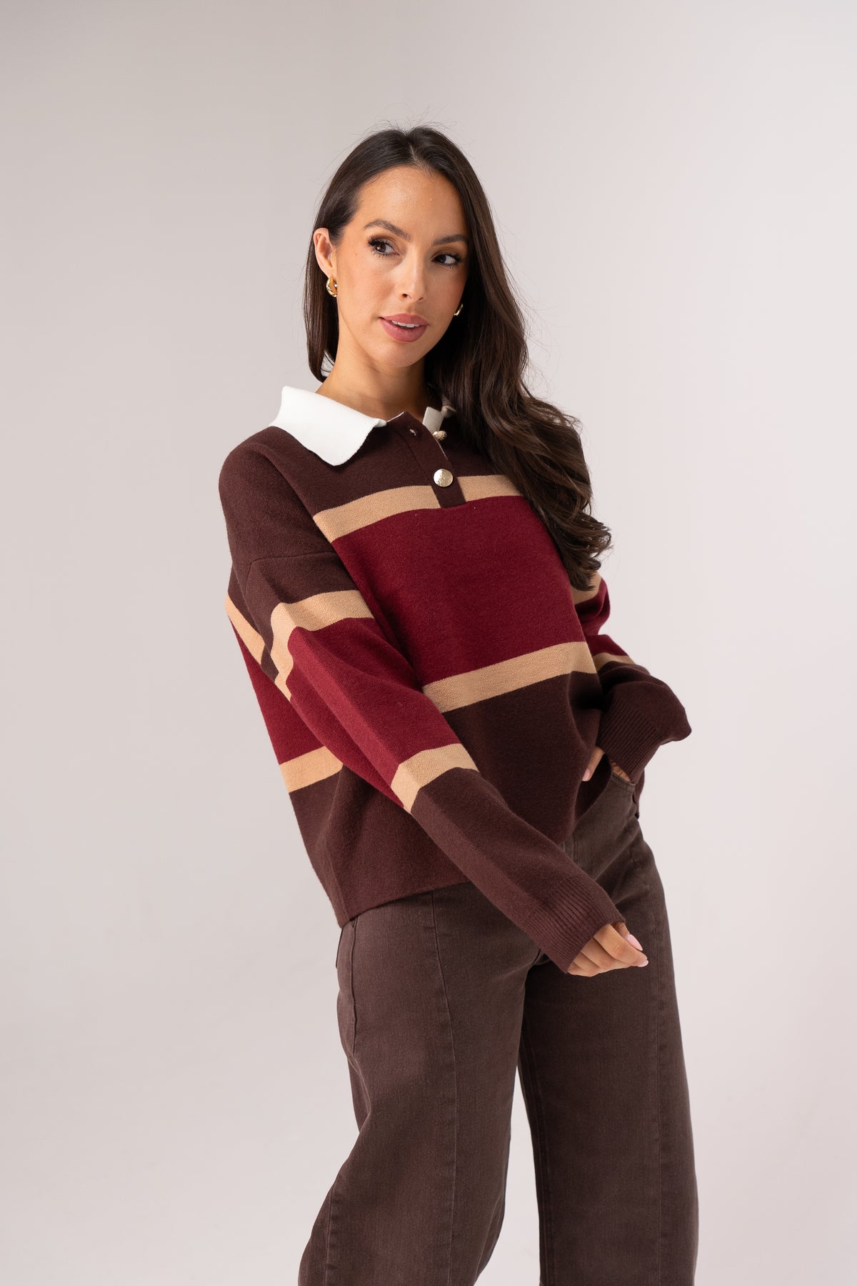 Millie Wine Stripe Rugby Top In Coffee