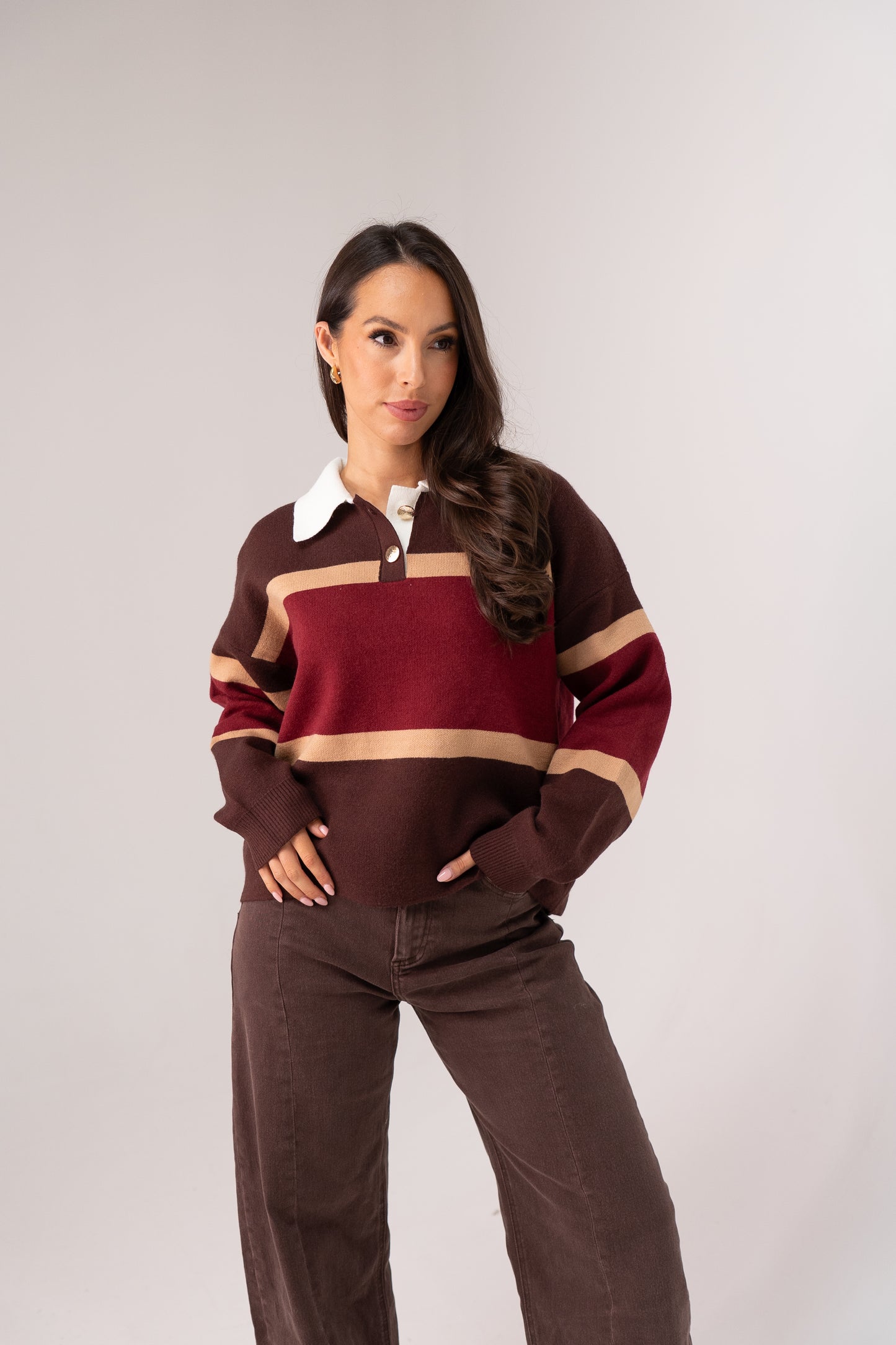 Millie Wine Stripe Rugby Top In Coffee