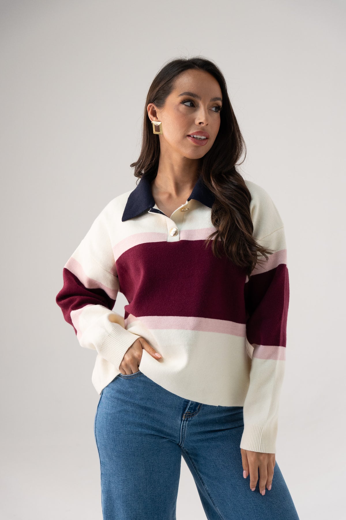 Millie Wine Stripe Rugby Top In Cream