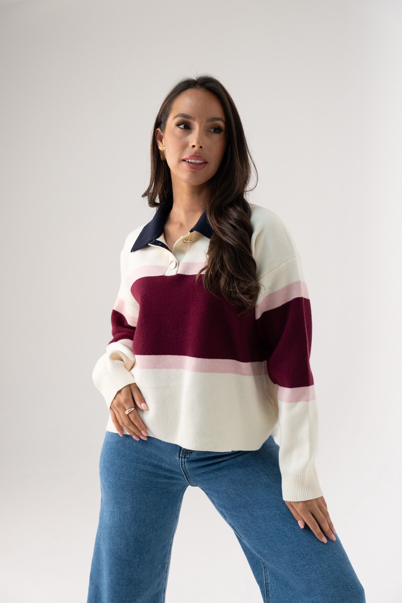 Millie Wine Stripe Rugby Top In Cream
