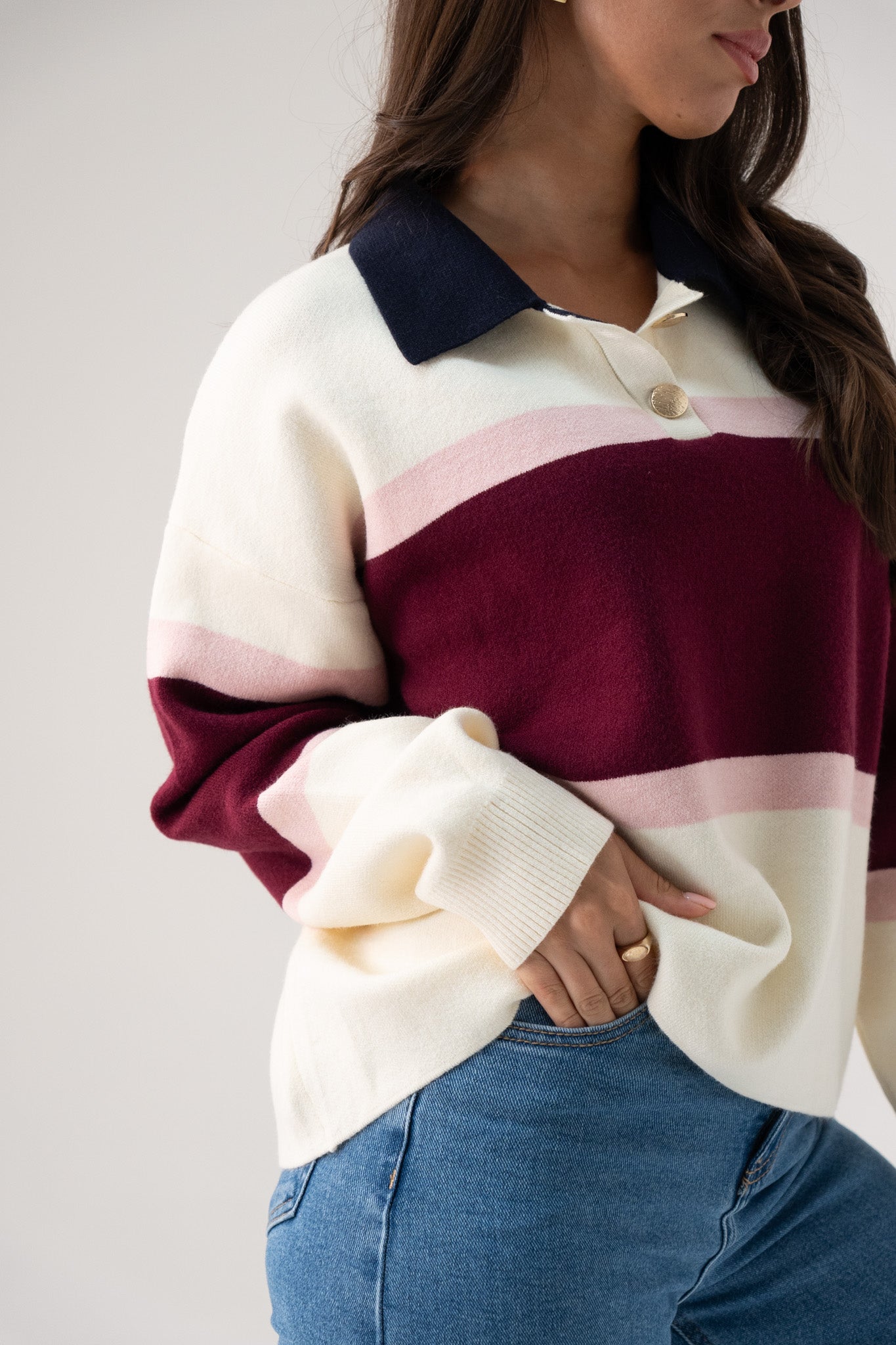 Millie Wine Stripe Rugby Top In Cream
