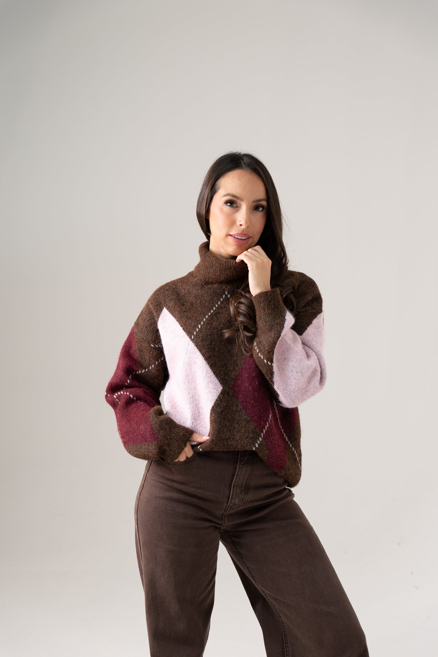 Millie Diamond Polo Neck In Pink Mix