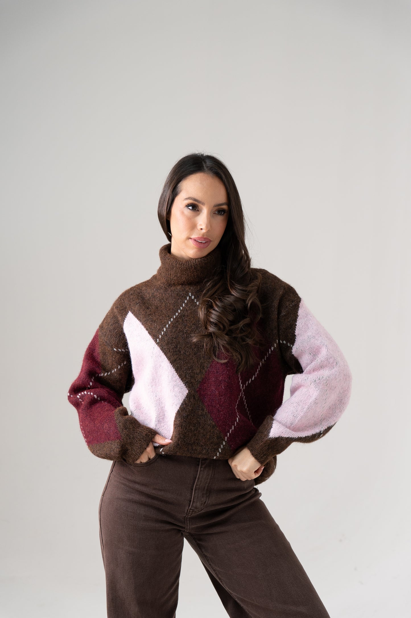 Millie Diamond Polo Neck In Pink Mix