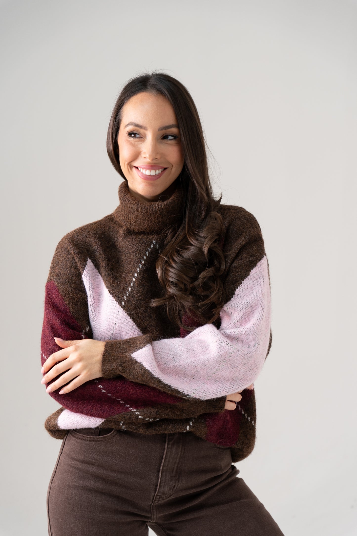 Millie Diamond Polo Neck In Pink Mix