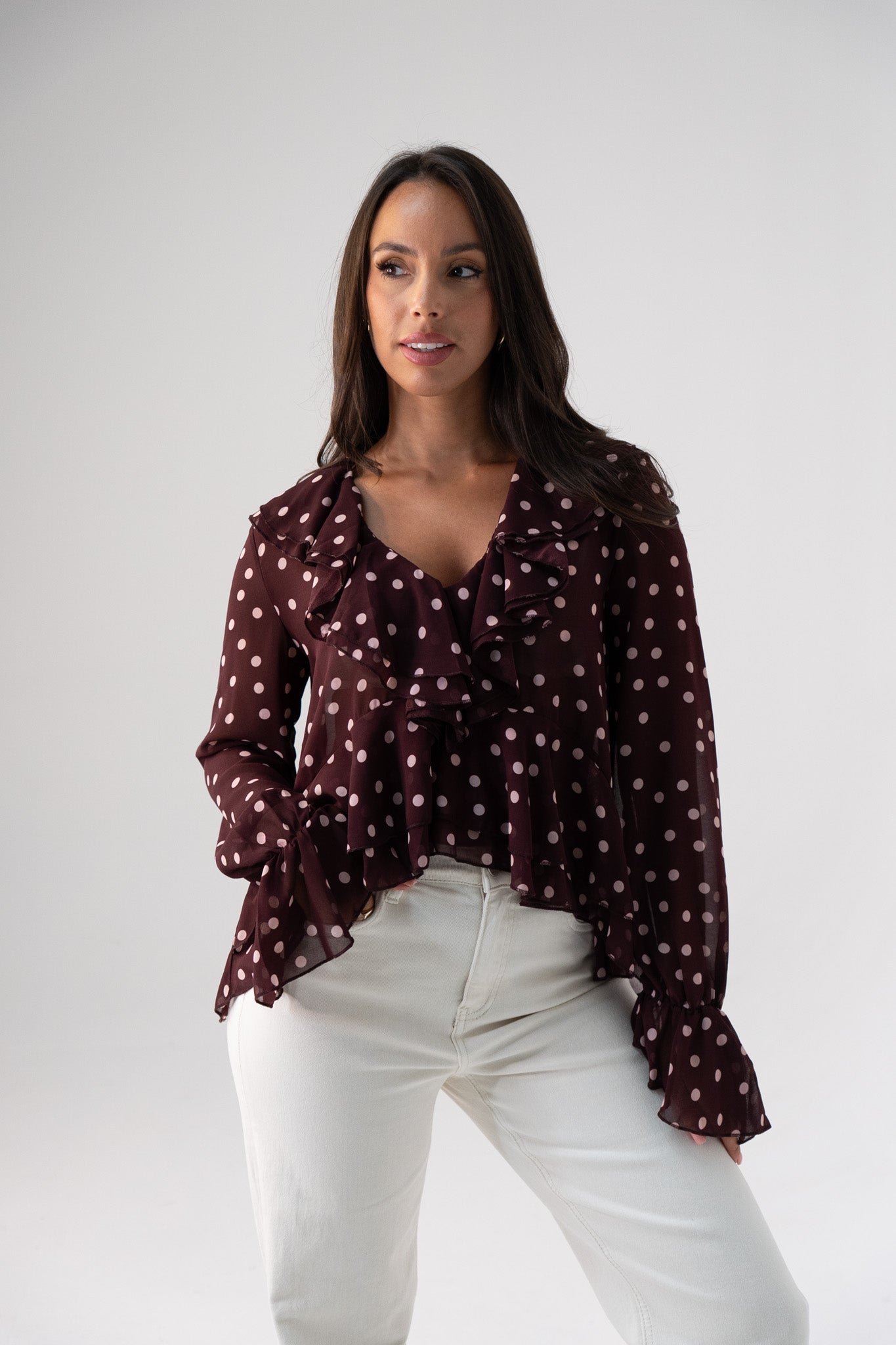 Millie Polka Dot Peplum Ruffle Top In Wine