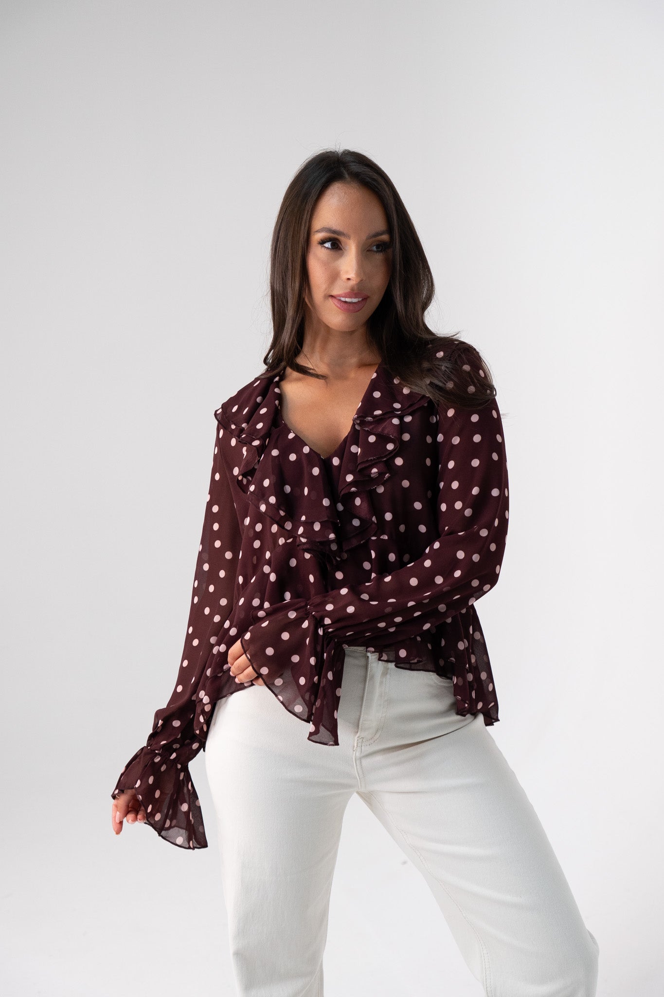 Millie Polka Dot Peplum Ruffle Top In Wine
