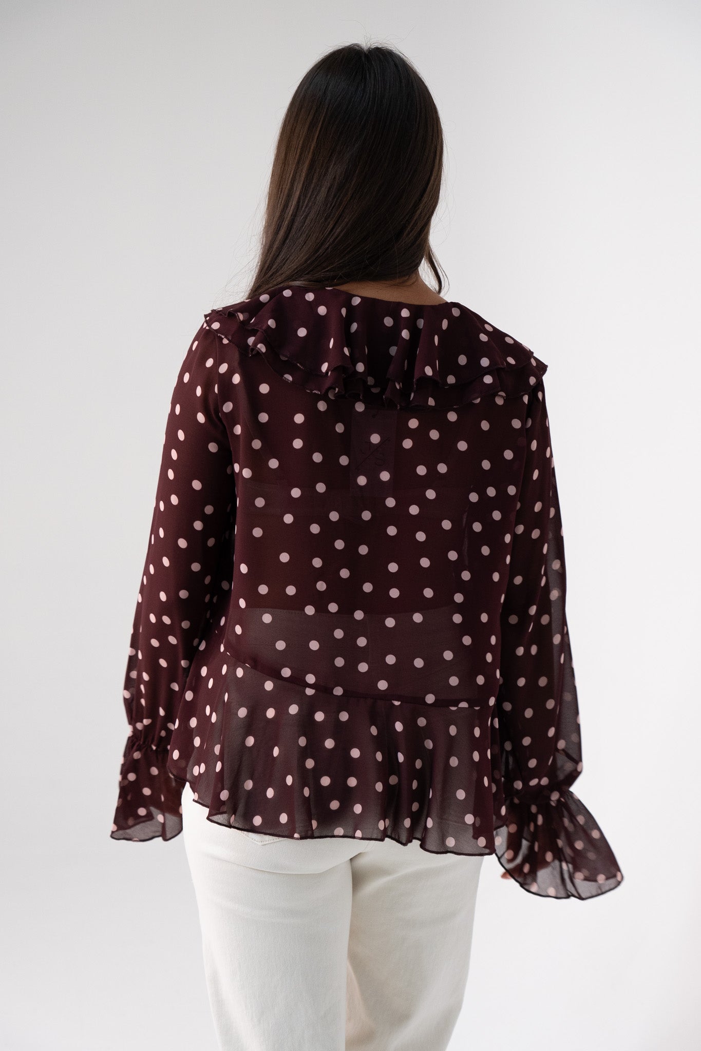 Millie Polka Dot Peplum Ruffle Top In Wine