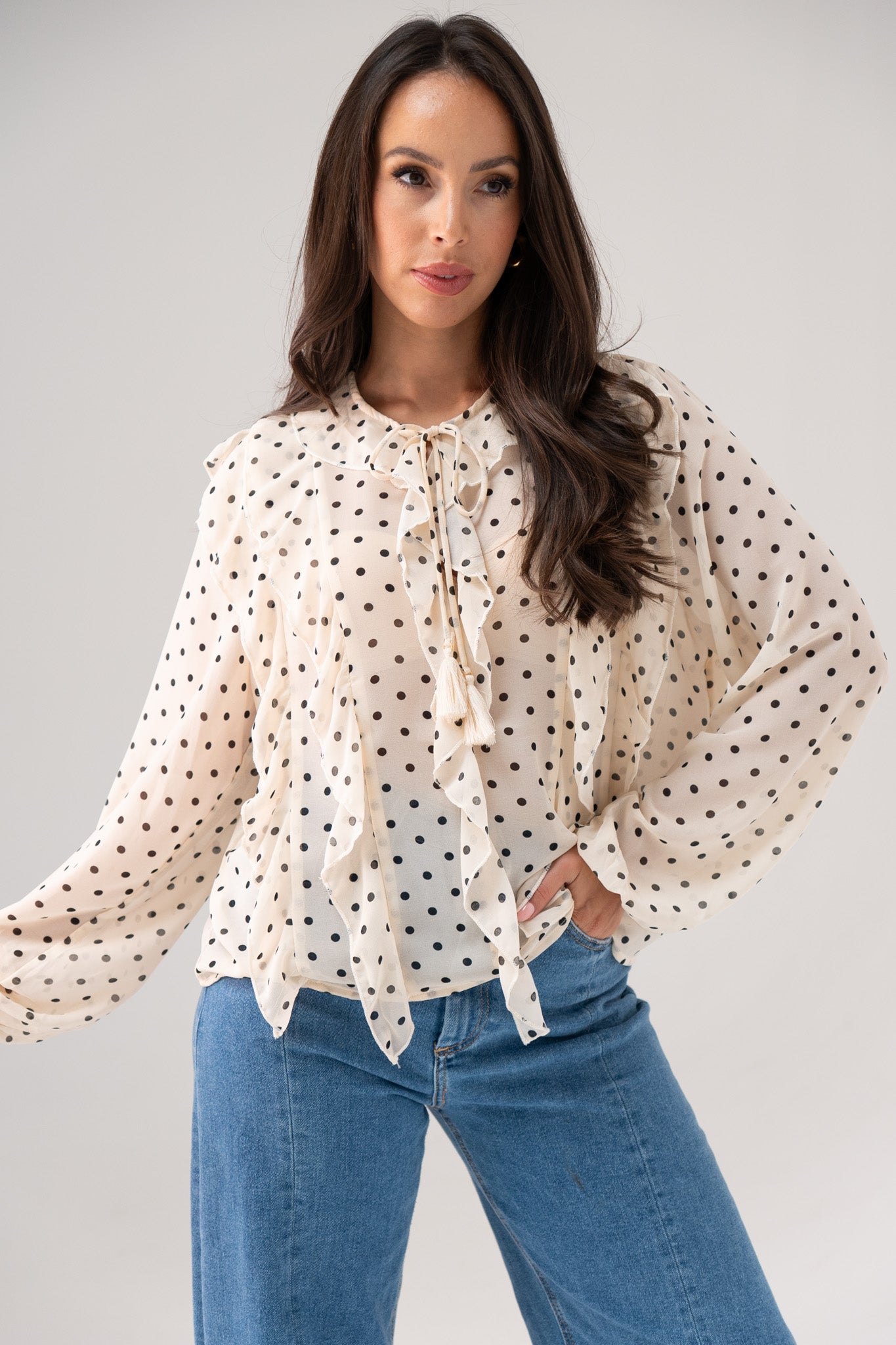 Millie Ruffled Polka Dot Blouse In Cream