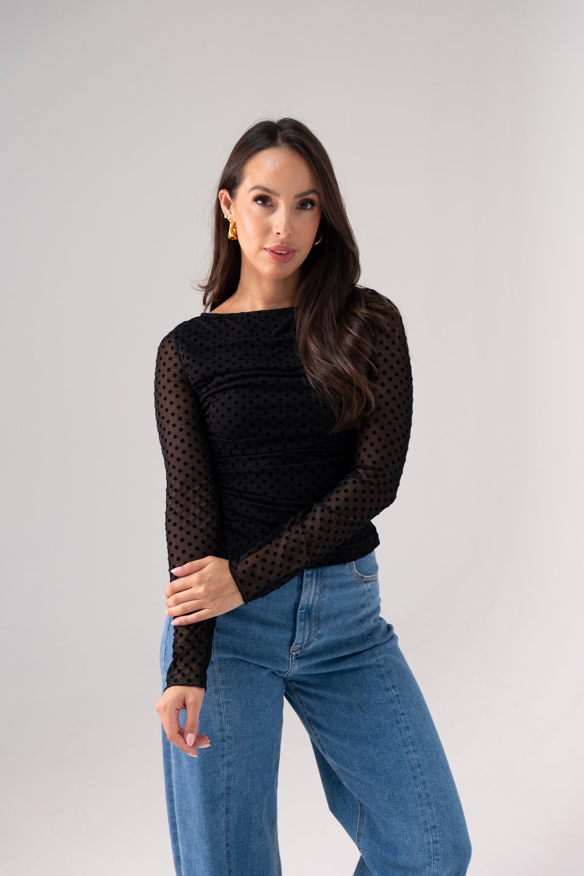 Millie Sheer Sleeve Polka Dot Top In Black
