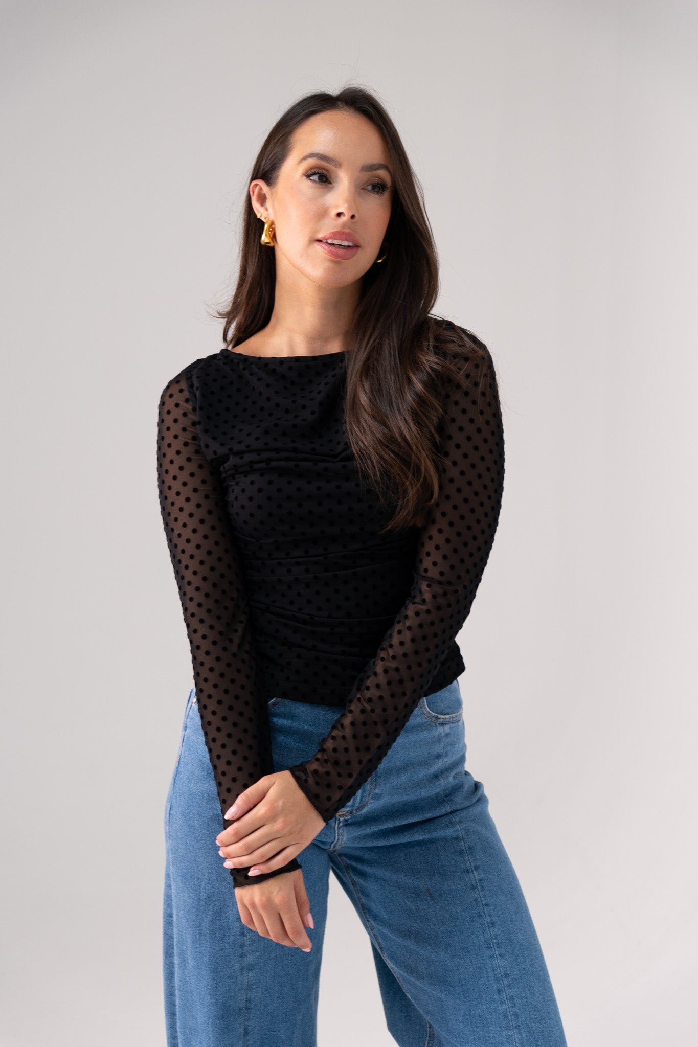 Millie Sheer Sleeve Polka Dot Top In Black