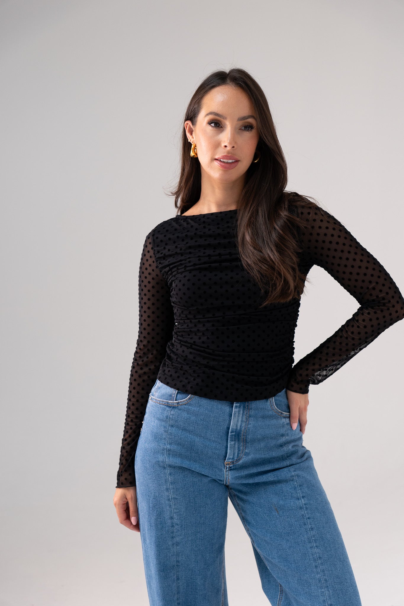 Millie Sheer Sleeve Polka Dot Top In Black