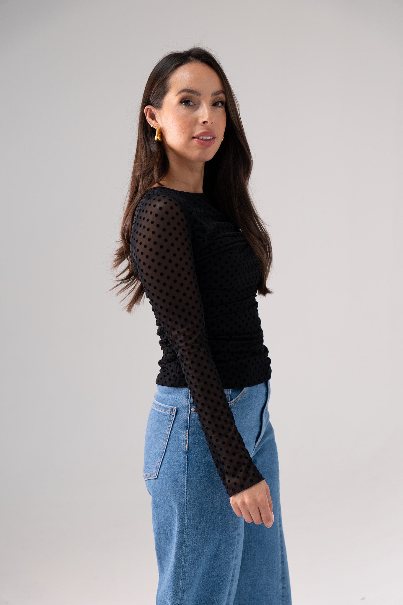 Millie Sheer Sleeve Polka Dot Top In Black