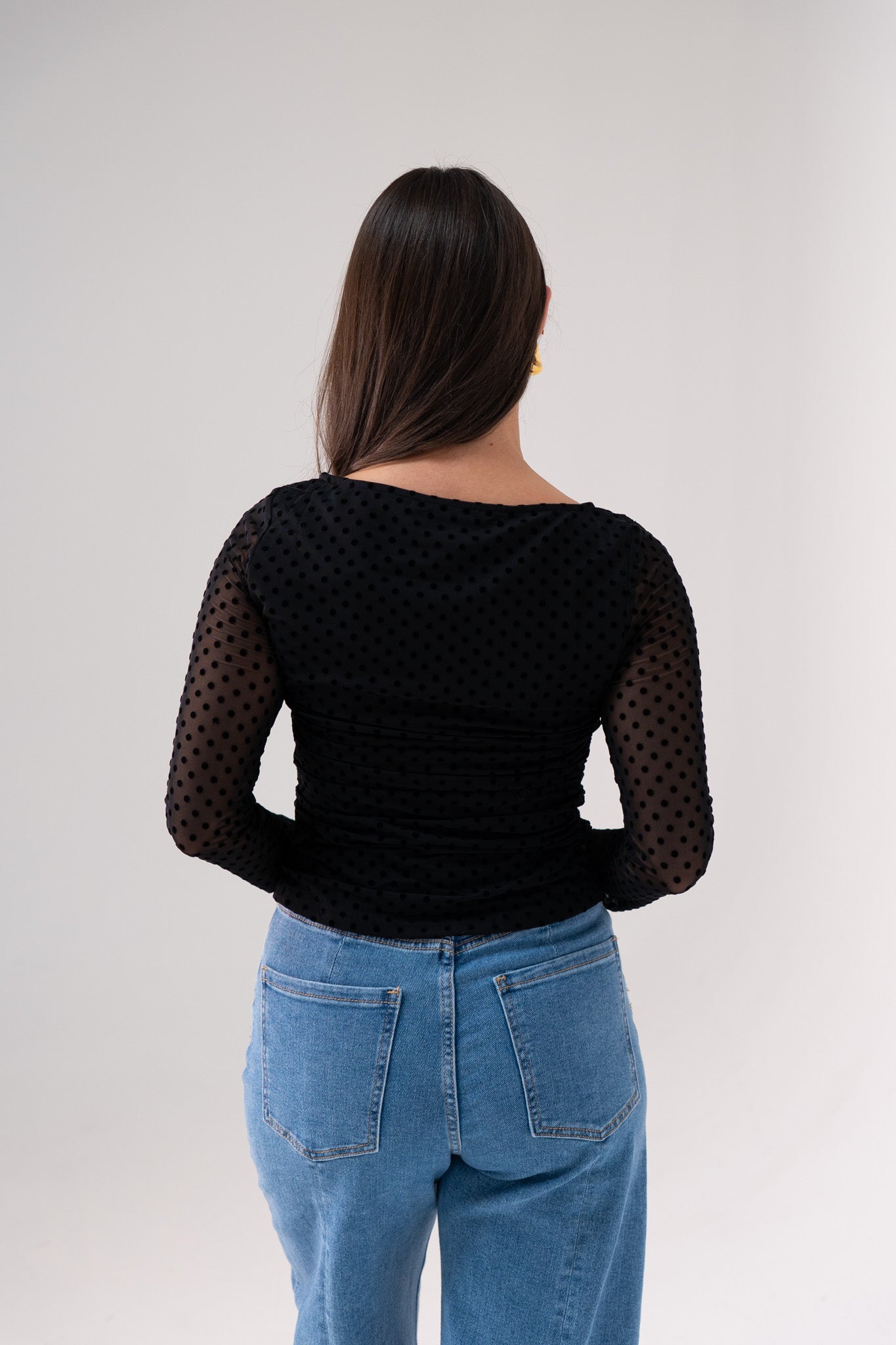 Millie Sheer Sleeve Polka Dot Top In Black