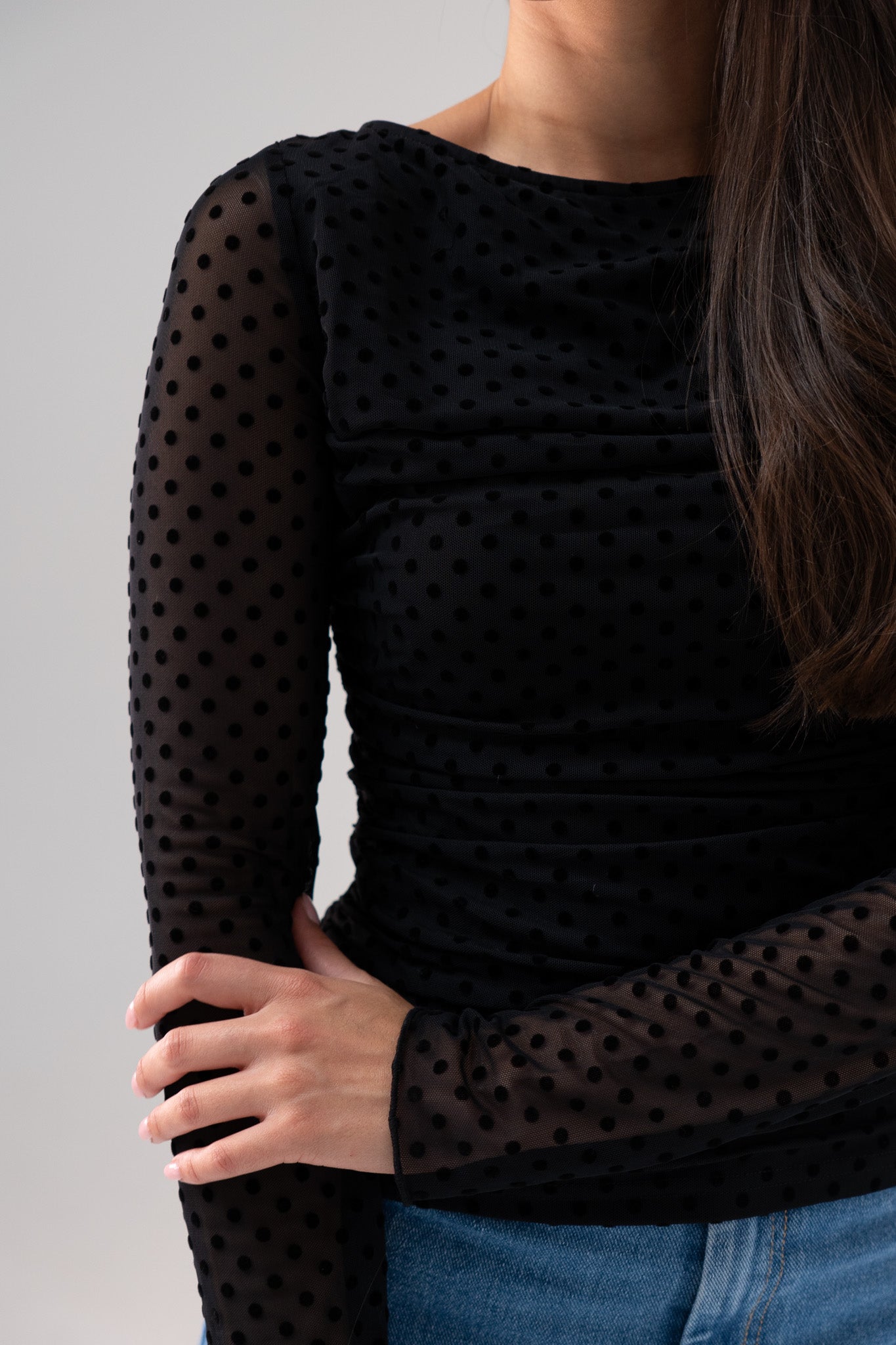 Millie Sheer Sleeve Polka Dot Top In Black