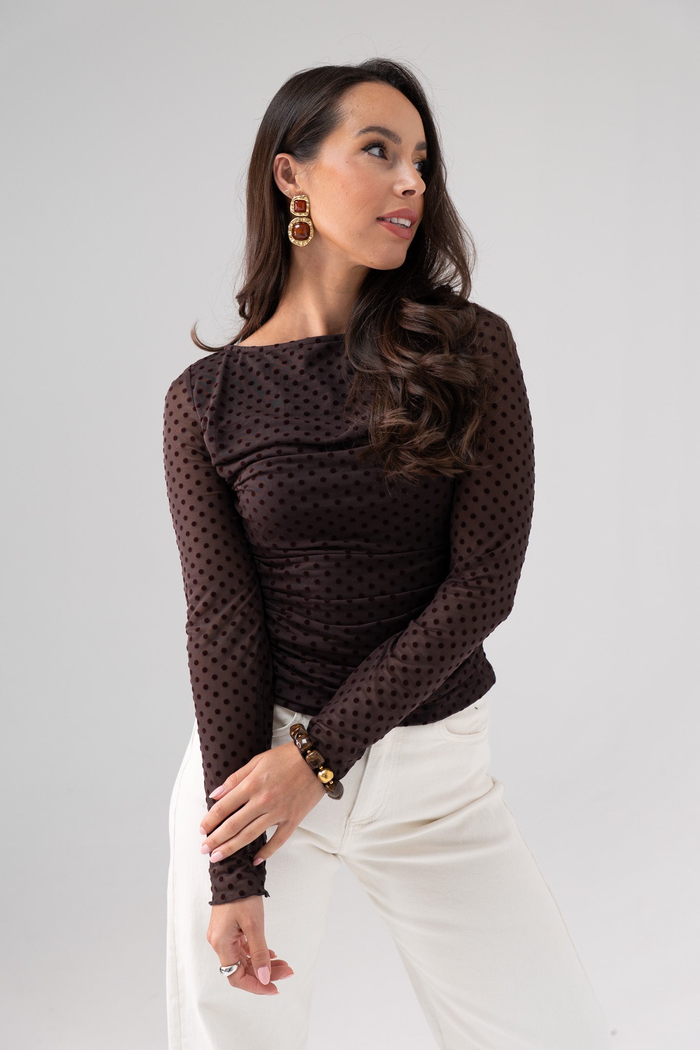 Millie Sheer Sleeve Polka Dot Top In Coffee