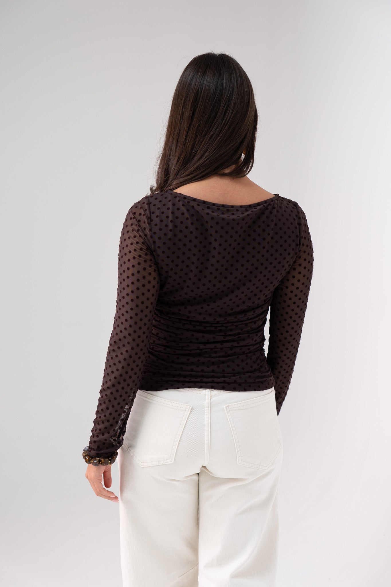 Millie Sheer Sleeve Polka Dot Top In Coffee