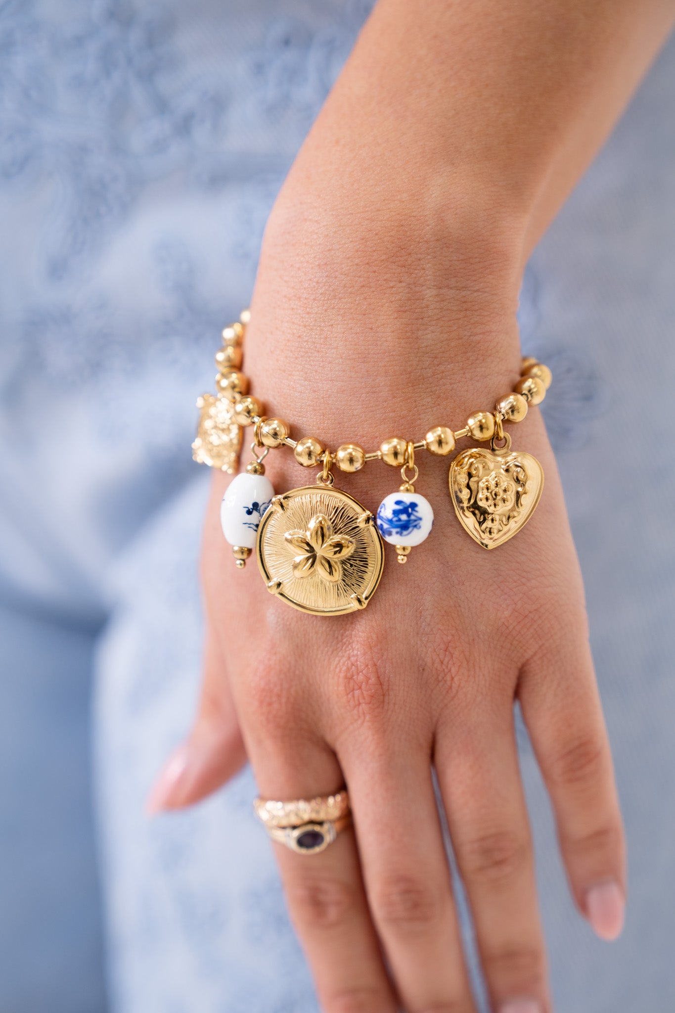 Olive Beaded Charm Bracelet In Gold