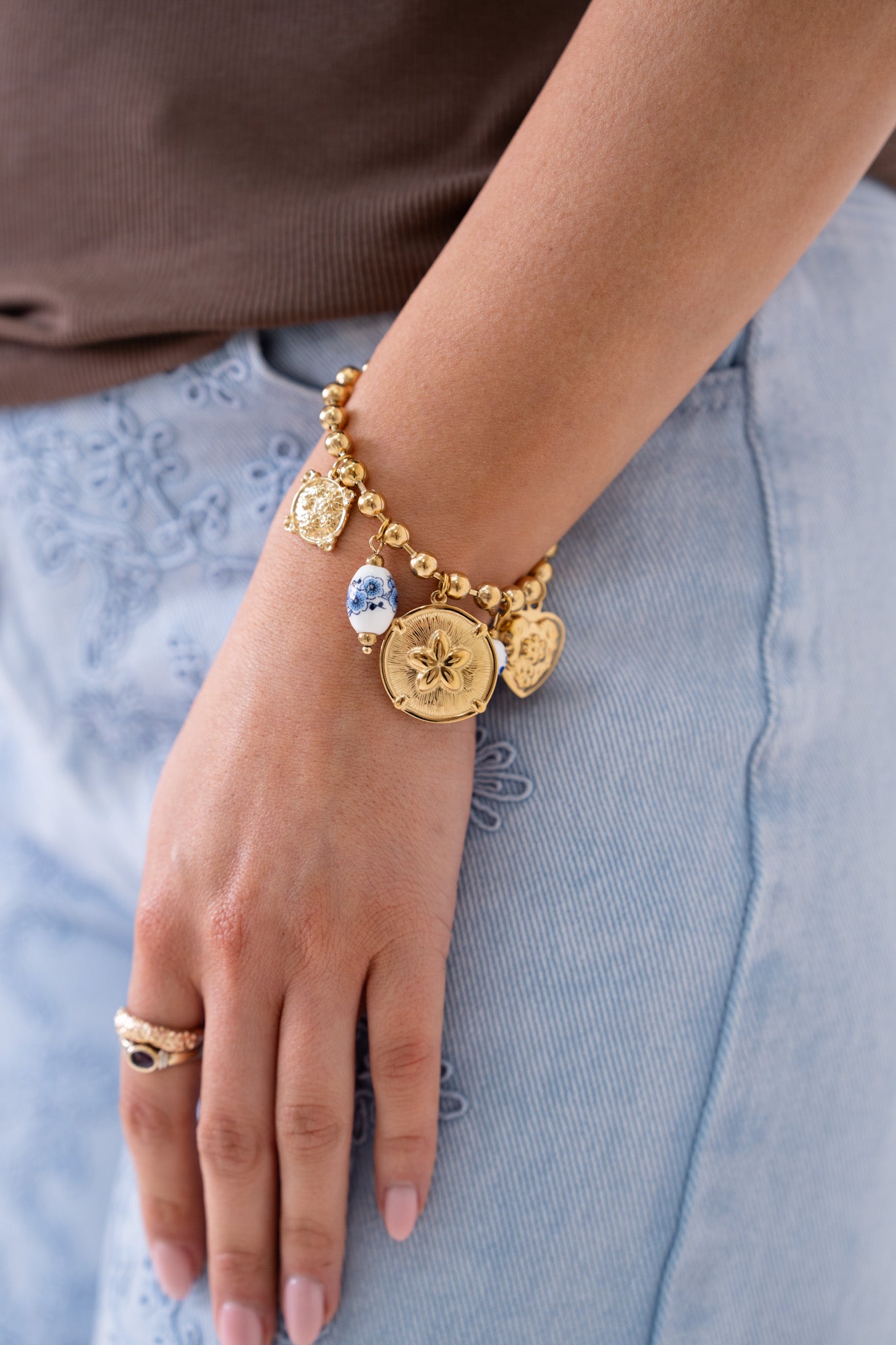 Olive Beaded Charm Bracelet In Gold