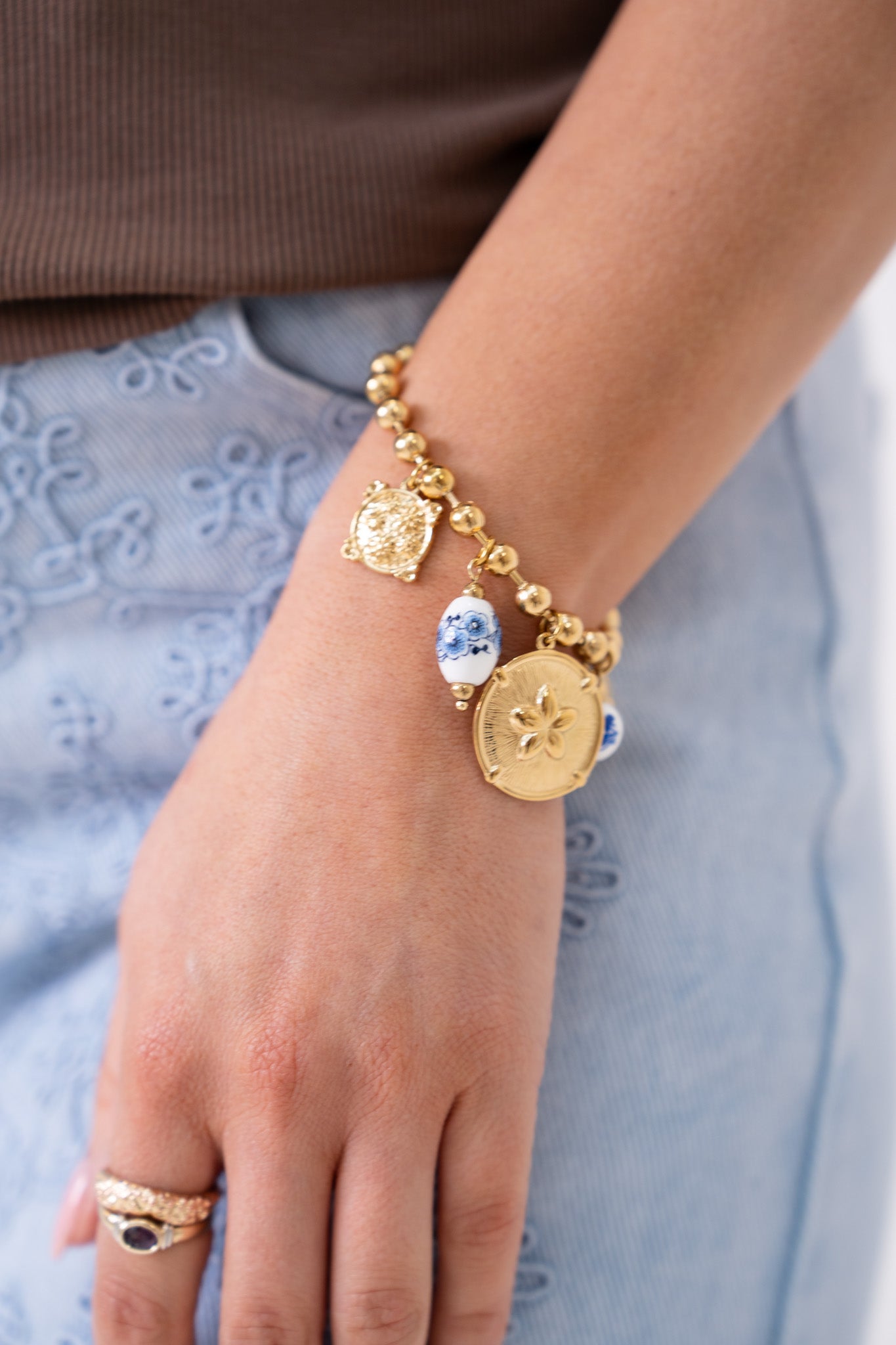 Olive Beaded Charm Bracelet In Gold