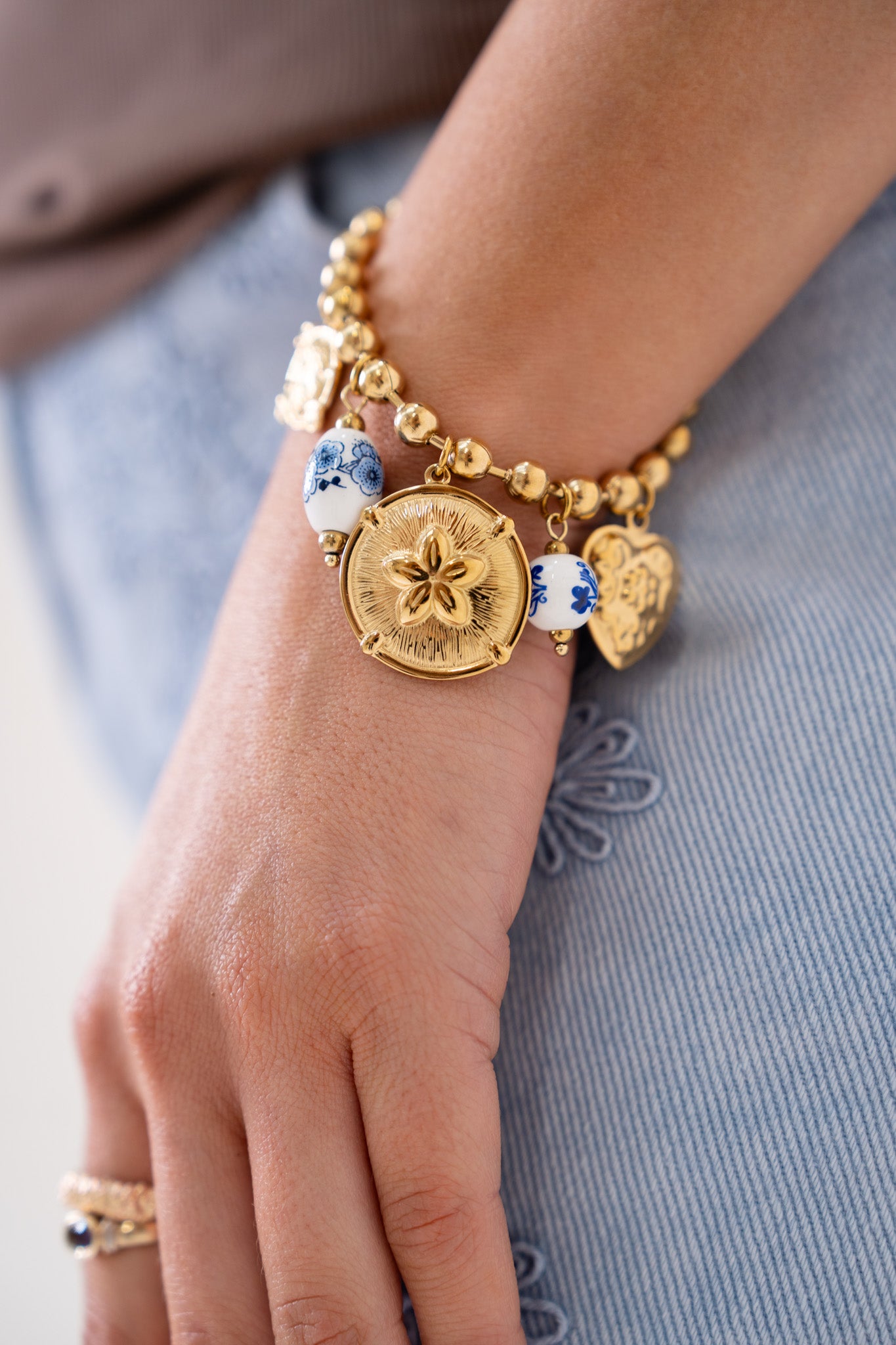 Olive Beaded Charm Bracelet In Gold